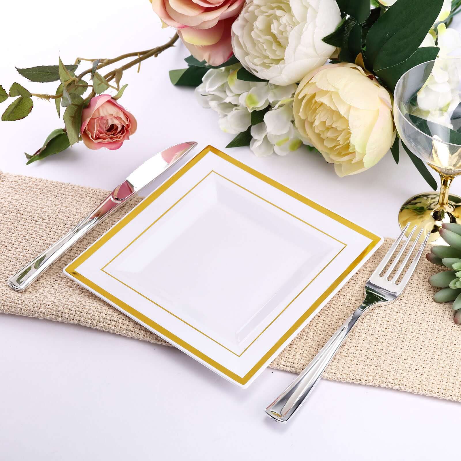 10-Pack Disposable White Square Salad & Dessert Plates with Gold Trim, 7" Size