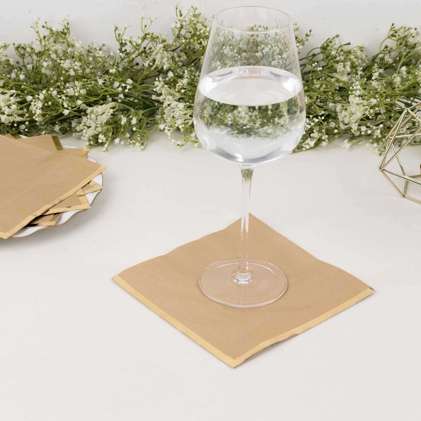 50-Pack Disposable 2-Ply Gold Foil Edge Natural Paper Beverage Napkins for Events