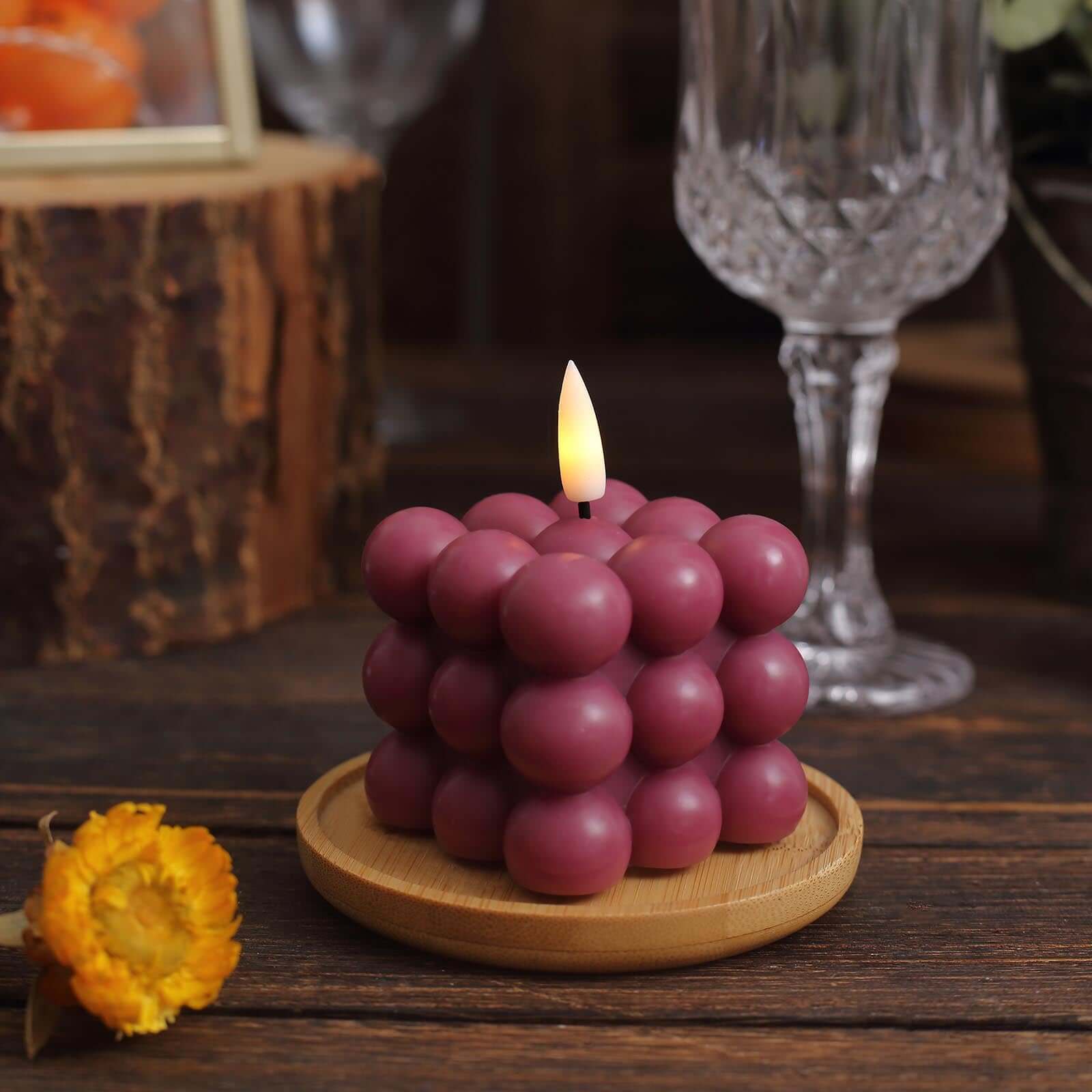 2-Pack Battery-Operated Burgundy LED Flameless Cube Candles with Flickering Warm White Light