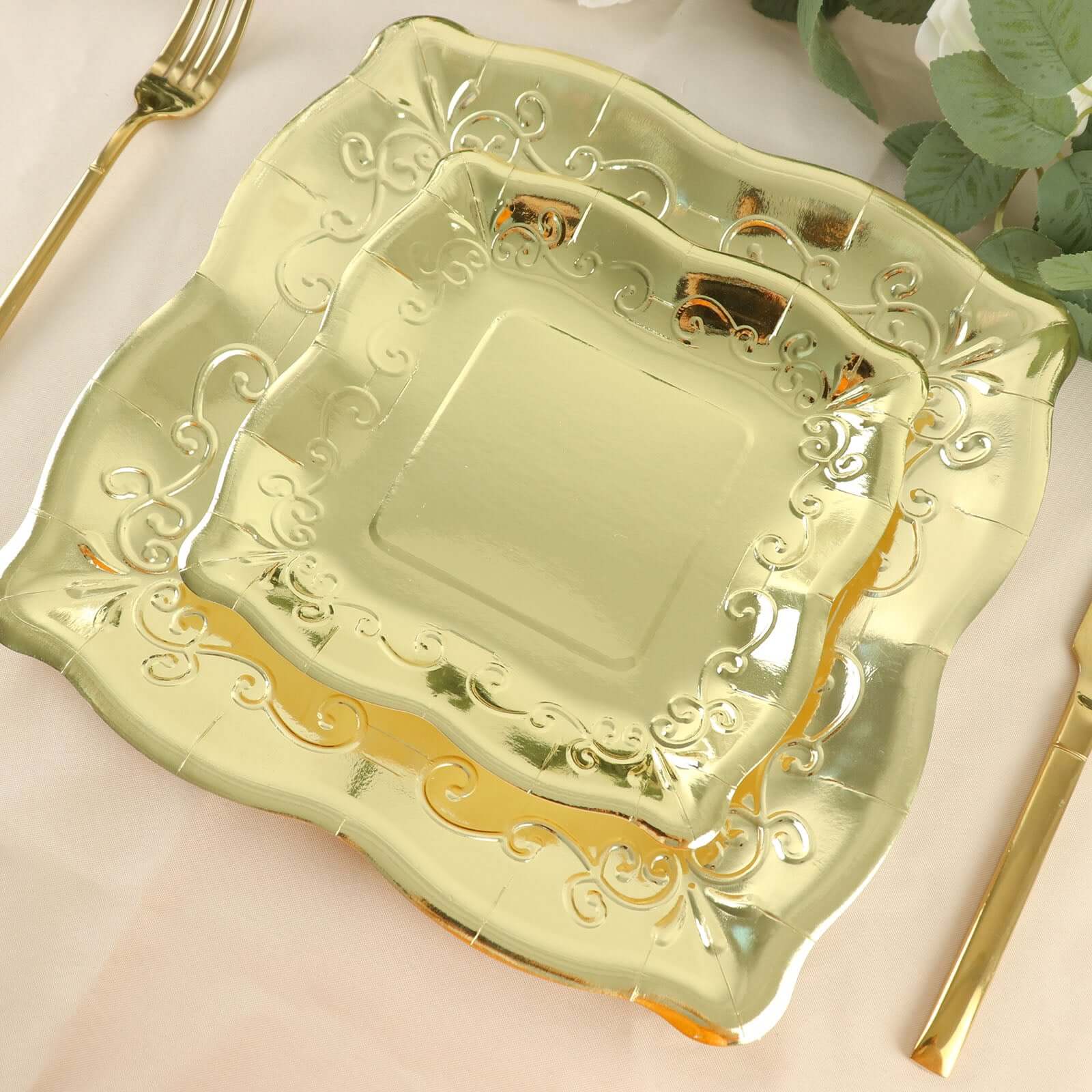 25-Pack Disposable Gold Square Dinner Plates with Vintage Pottery Embossed Design for Glamorous Events