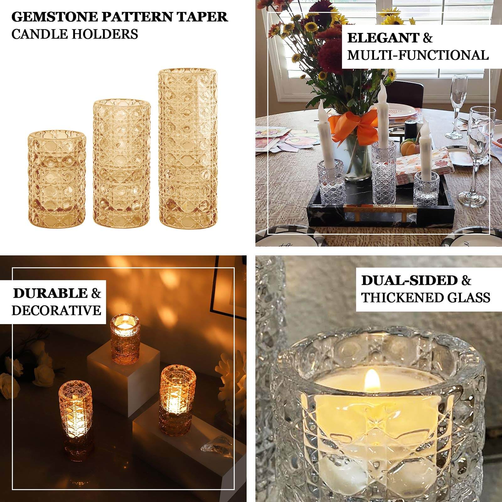 Hot Deal! Set of 3 Clear Glass Taper & Tealight Candle Holders with Gemstone Pattern
