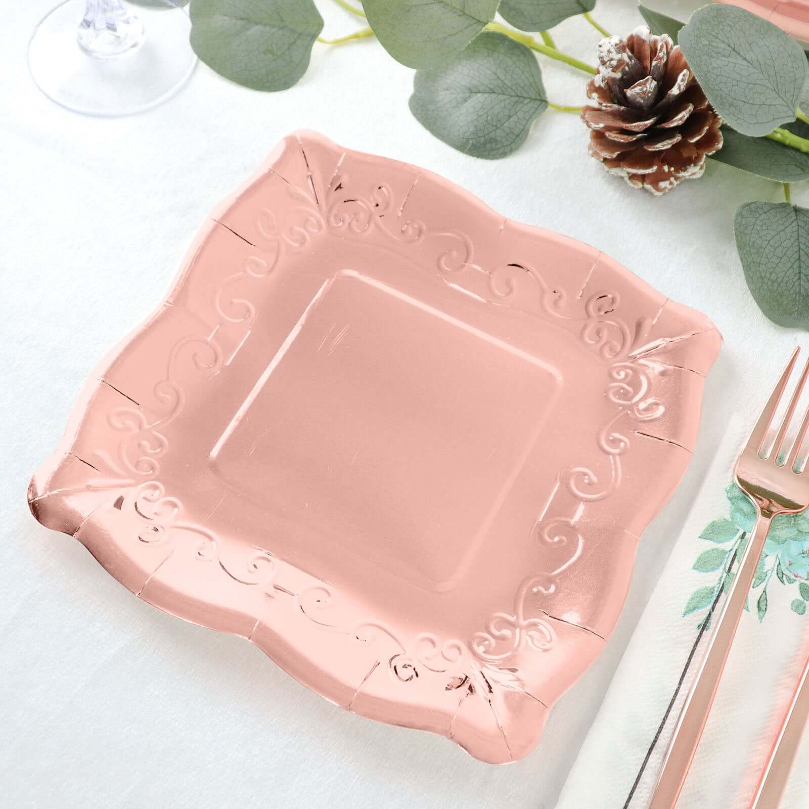Hot Sale! 25-Pack Disposable Rose Gold Square Dessert Appetizer Paper Plates with Vintage Pottery Embossed Design