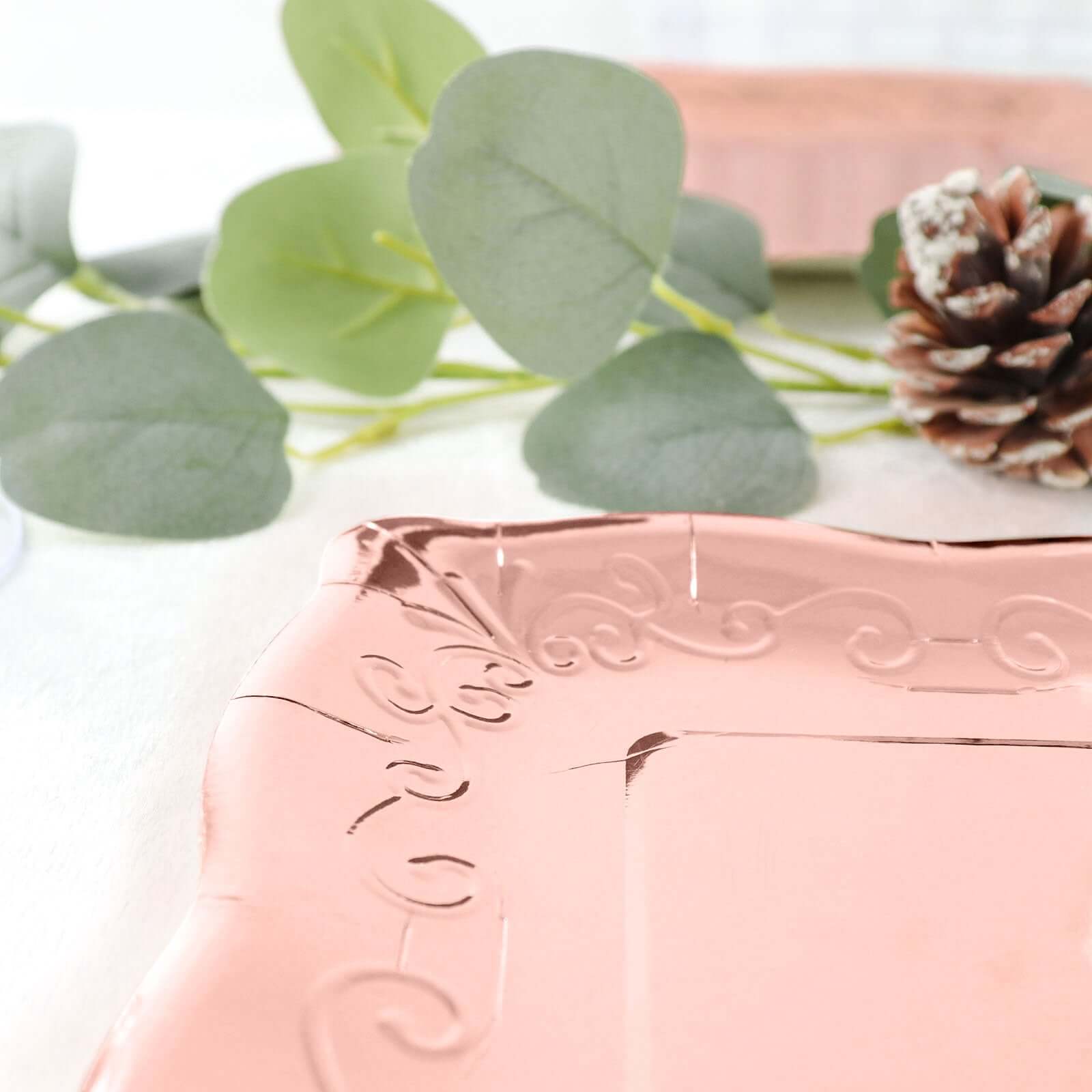 Hot Sale! 25-Pack Disposable Rose Gold Square Dessert Appetizer Paper Plates with Vintage Pottery Embossed Design