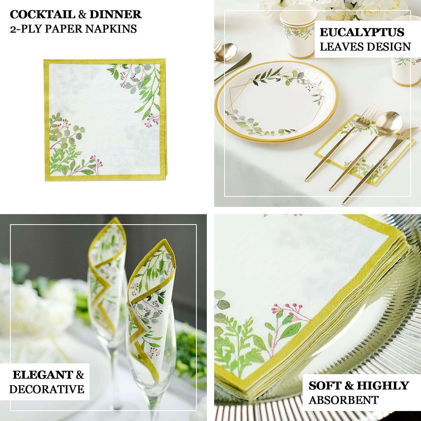 24-Pack Soft 18GSM 2-Ply Paper Dinner Napkins with Tropical Eucalyptus Design for Weddings and Cocktails