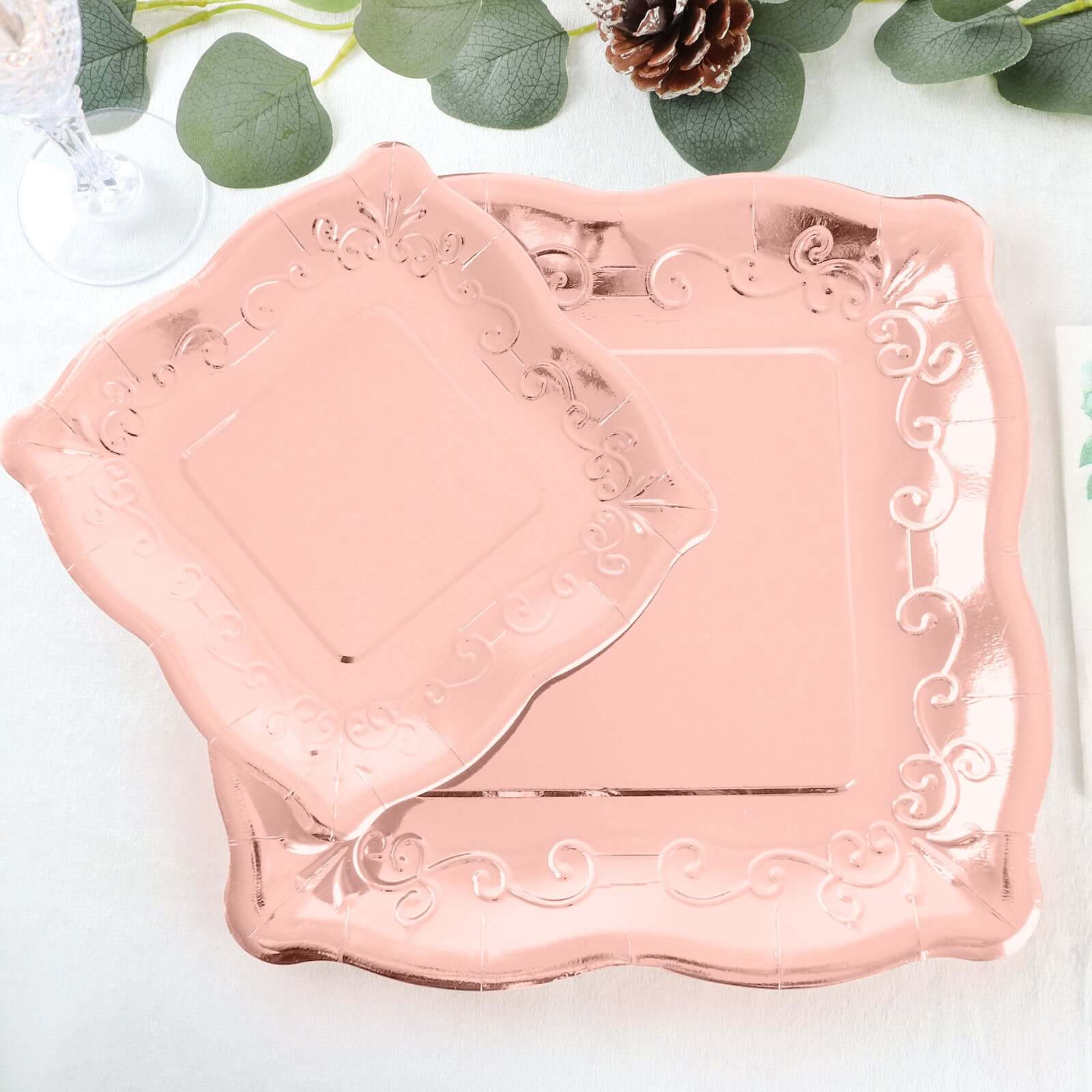 Hot Sale! 25-Pack Disposable Rose Gold Square Dessert Appetizer Paper Plates with Vintage Pottery Embossed Design