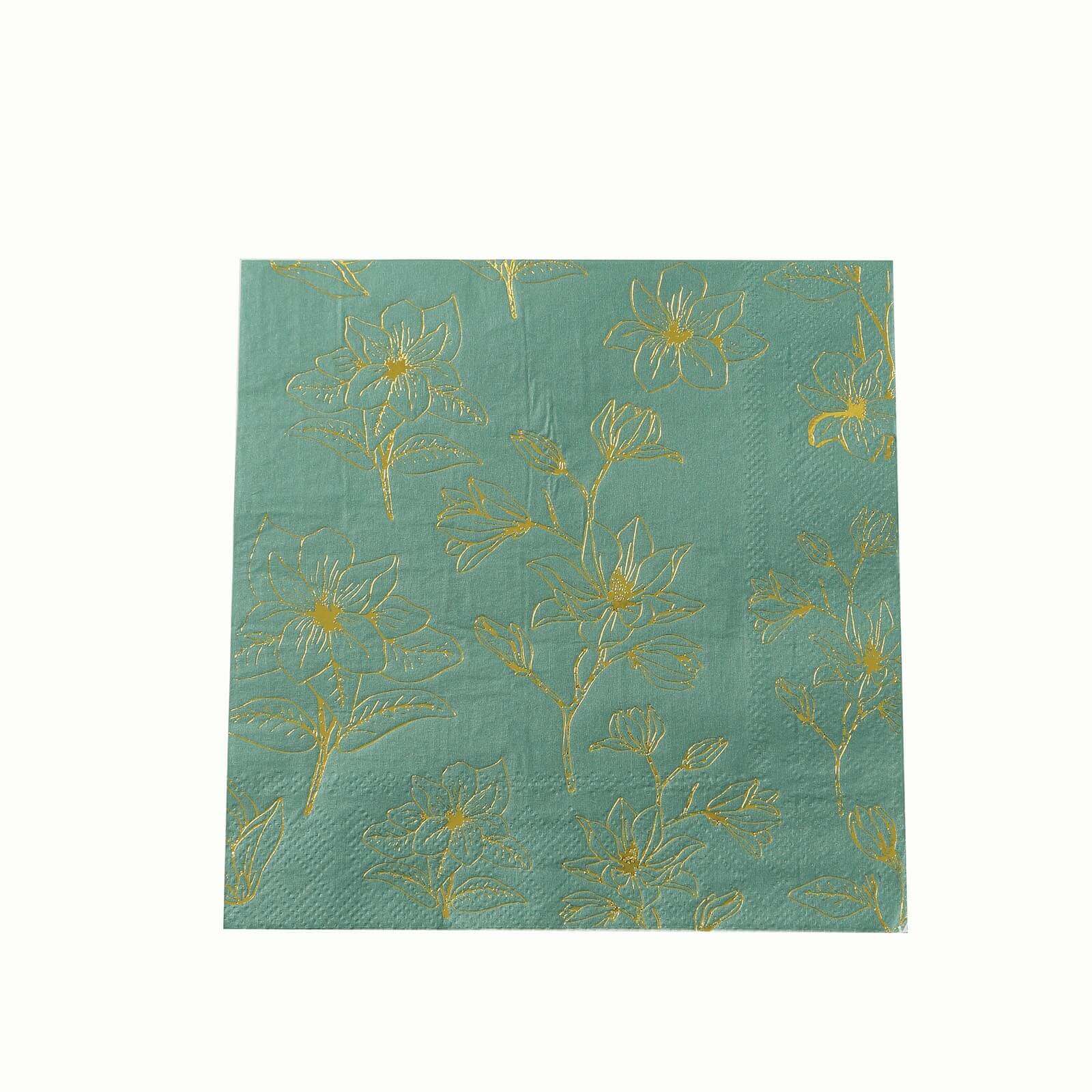 Get 50-Pack 2-Ply Absorbent Paper Cocktail Napkins with Gold Magnolia Prints in Dusty Sage Green