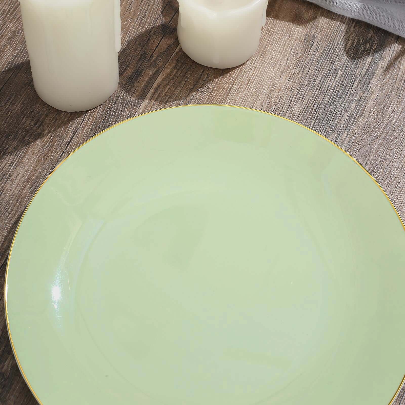 Hot Deal! 10-Pack 8" Sage Green Plastic Dessert Plates with Gold Rim - Disposable & Sturdy