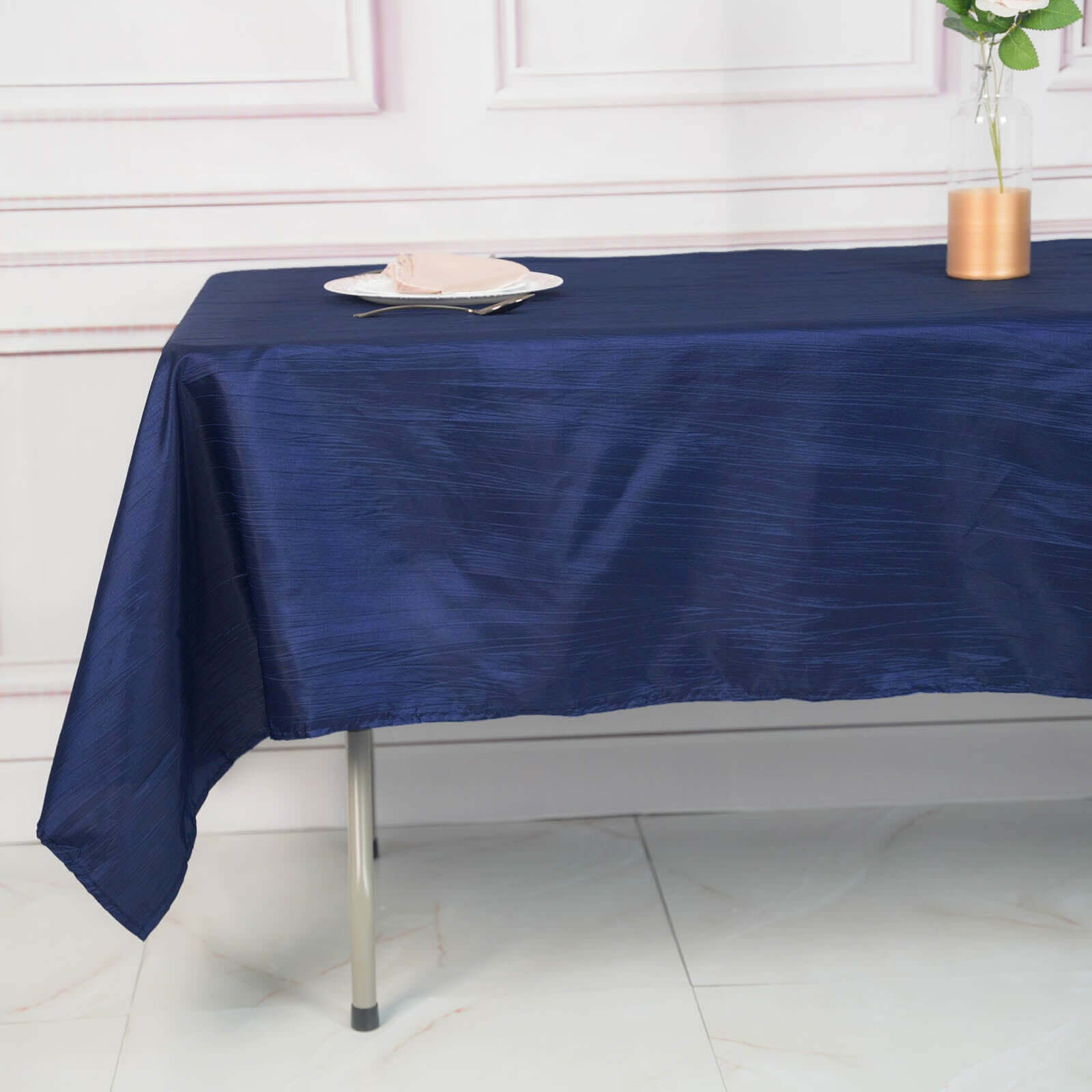 Navy Blue Accordion Crinkle Taffeta Rectangle Tablecloth 60x102