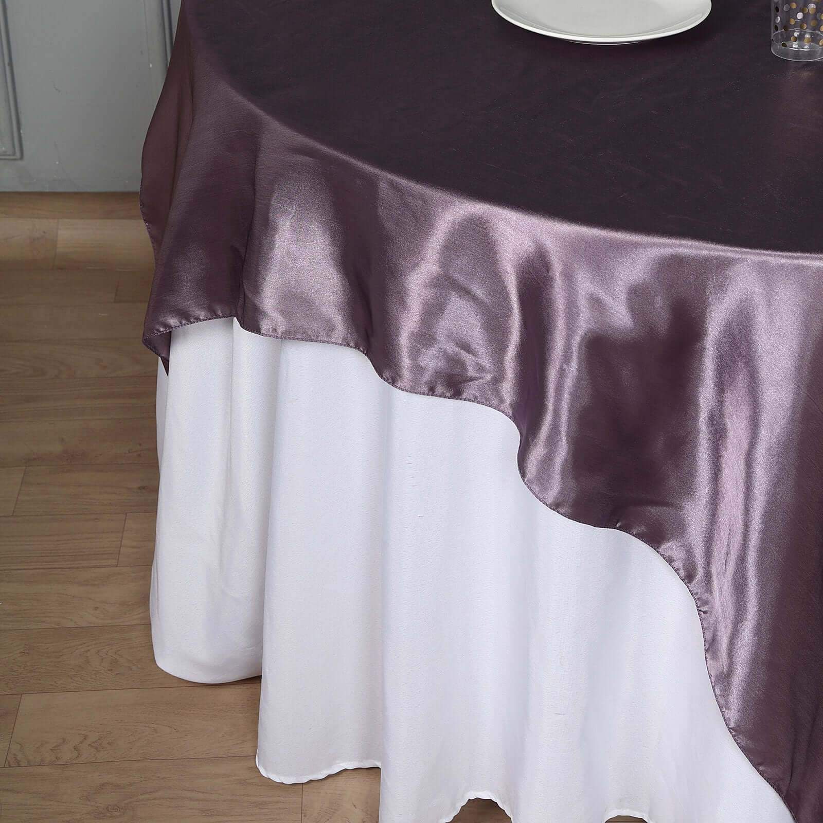 Exclusive 72x72 Violet Amethyst Satin Square Table Overlay with Smooth Finish
