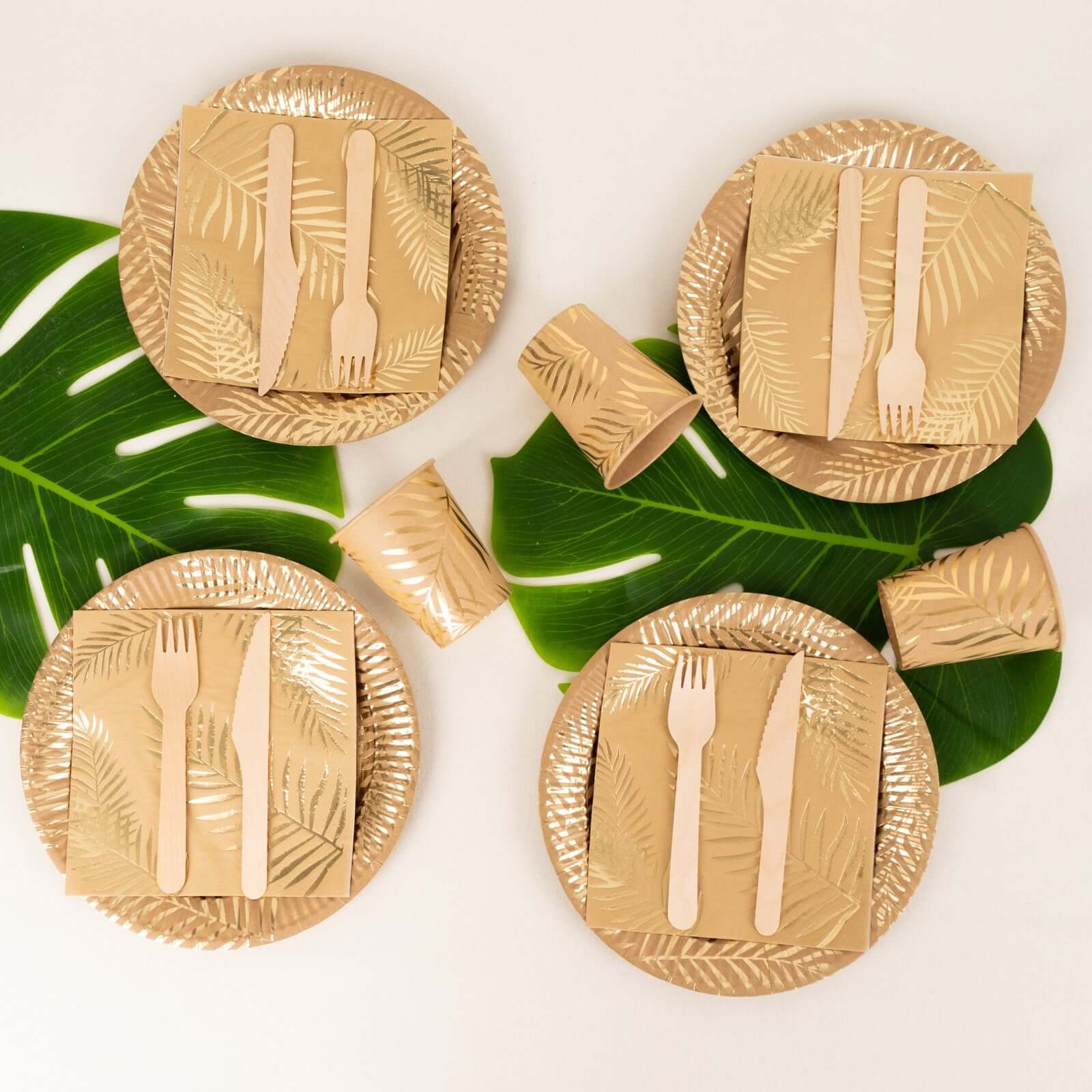 Hot Sale! 72-Piece Disposable Paper Dinnerware Set with Gold Foil Palm Leaves Print