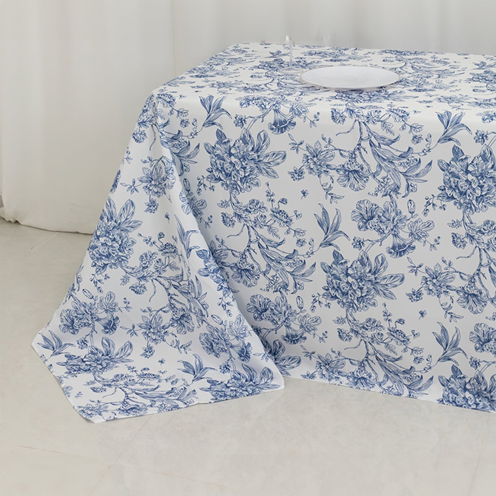 White Polyester Rectangle Tablecloth with Seamless Blue French Toile Pattern for Elegant Events