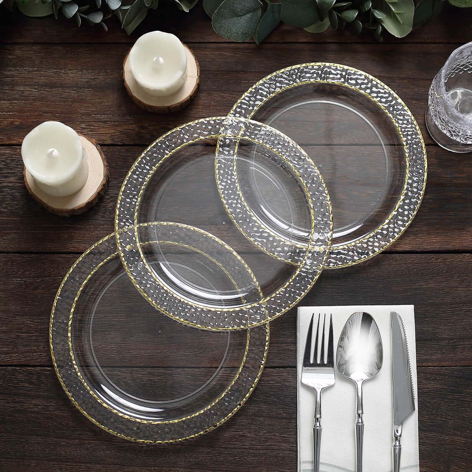 10-Piece Set of Disposable Clear Plastic Appetizer Plates with Hammered Design and Gold Rim for Special Events