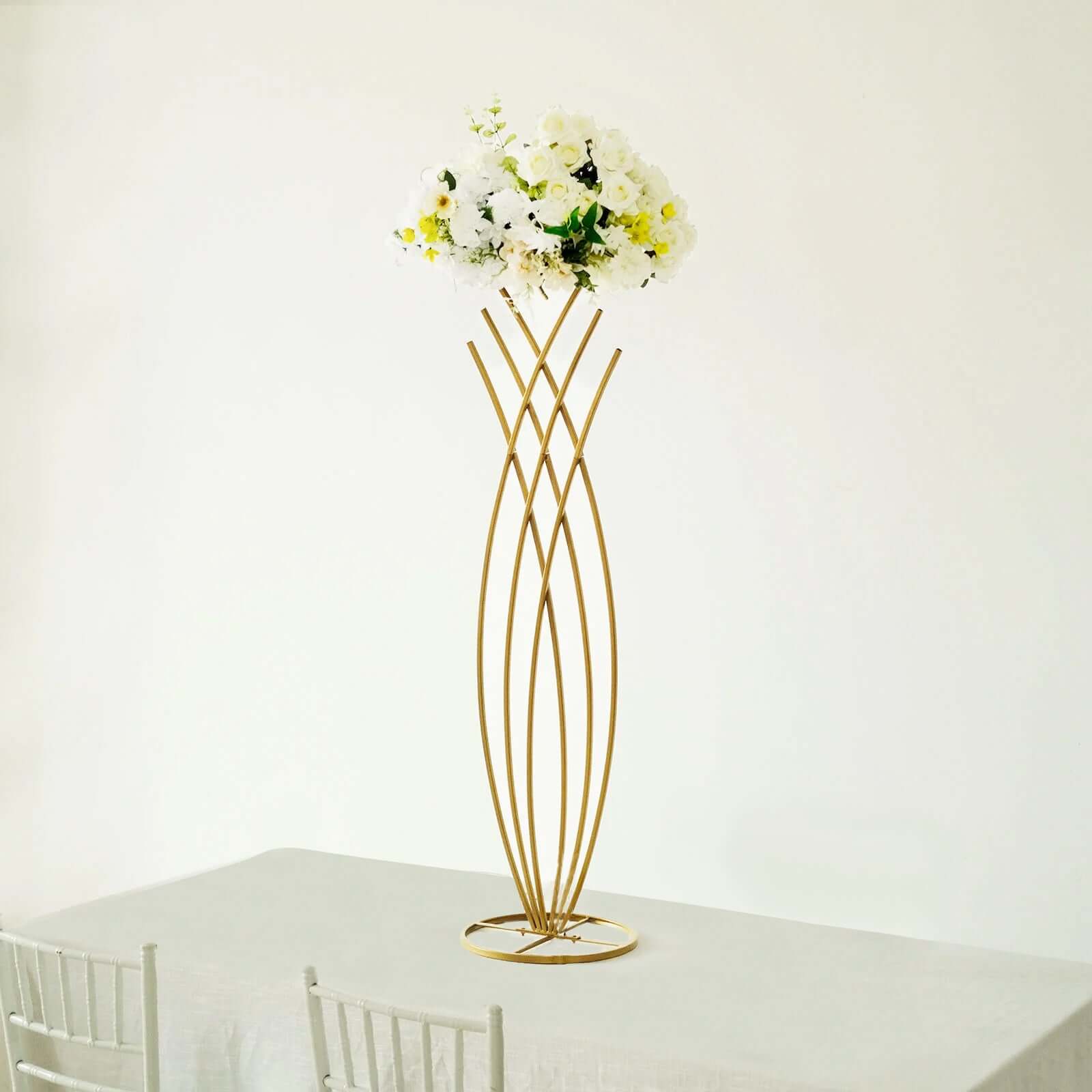 4ft Tall Gold Metal Wired Floral Display Stand in Mermaid Tail Style for Weddings