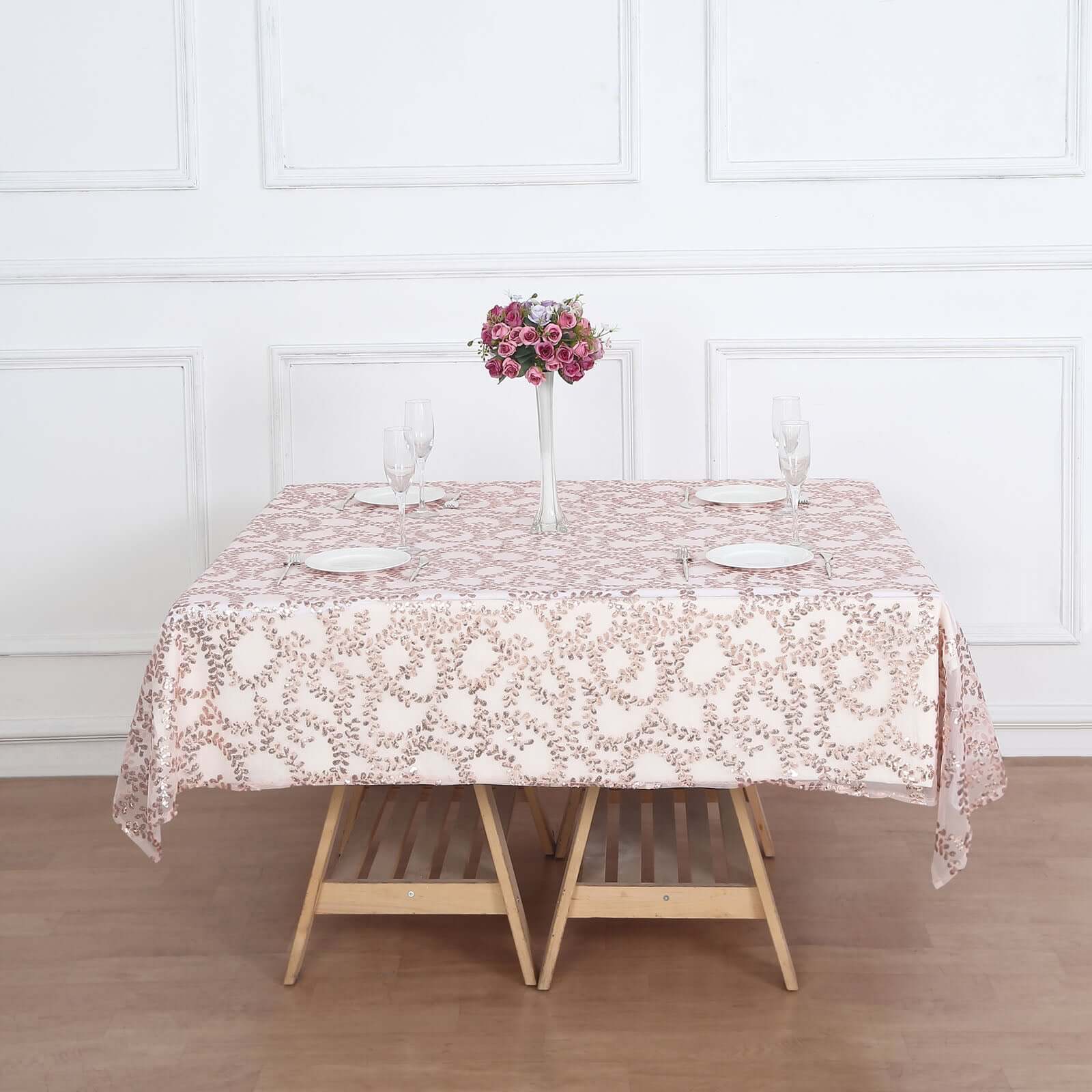 Hot Deal! Rose Gold Sequin Leaf Embroidered 72x72 Tulle Square Table Overlay