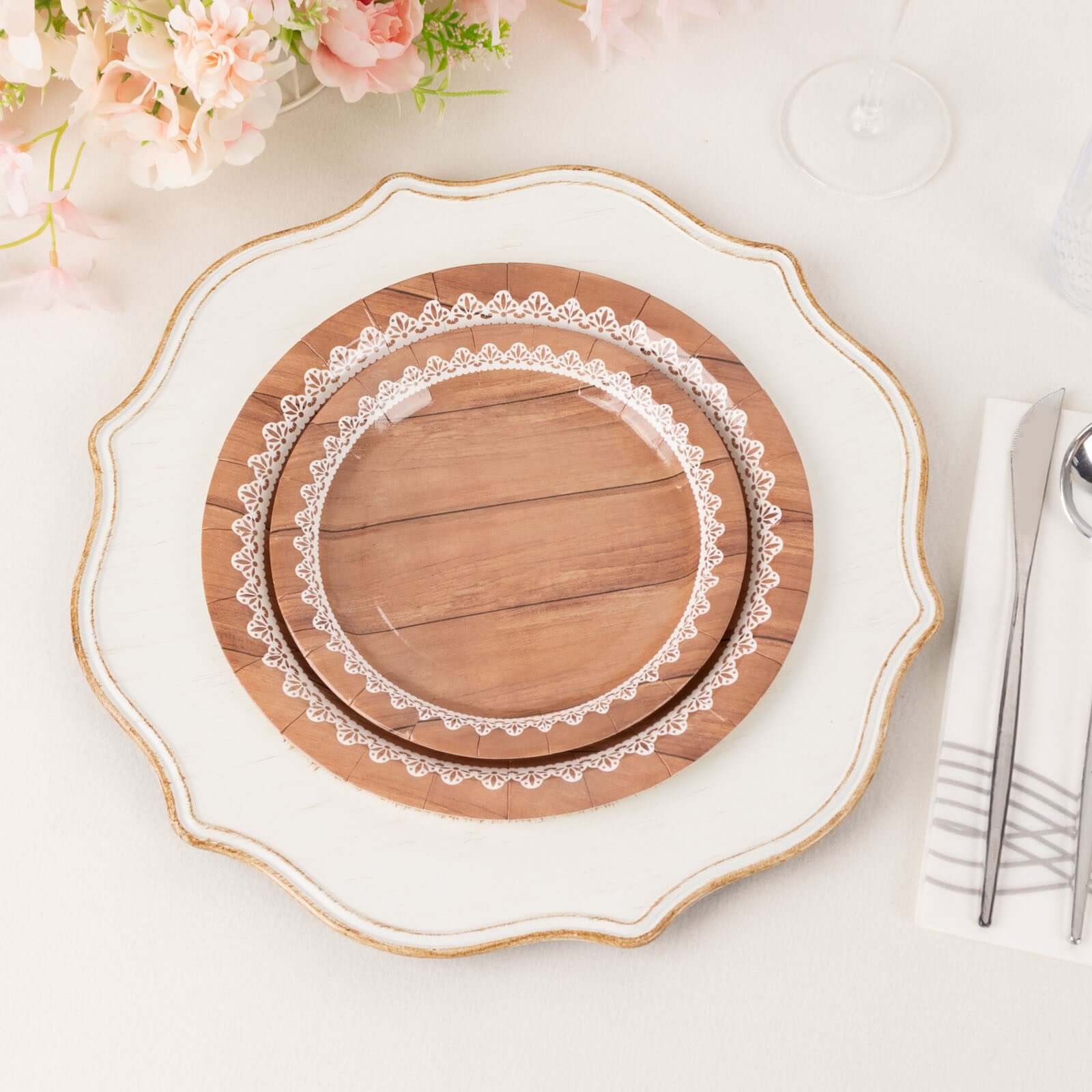 25-Piece Set of 9-Inch Round Disposable Dinner Plates in Brown Wood Grain with White Lace Rim for Rustic Events