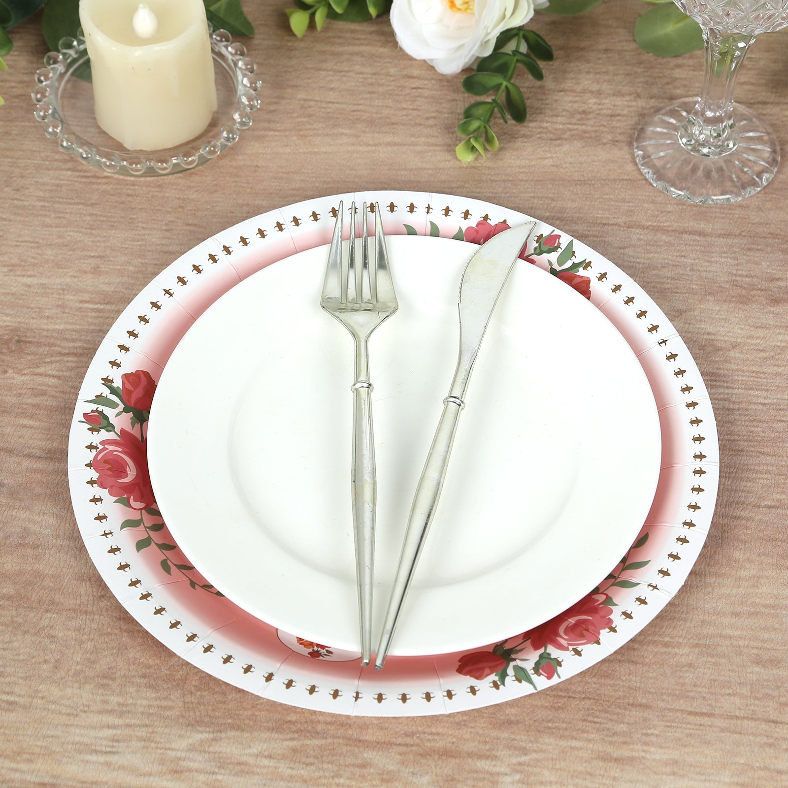 25-Piece Set of 9-Inch Disposable Dusty Rose Paper Dinner Plates with Vintage Rose Prints