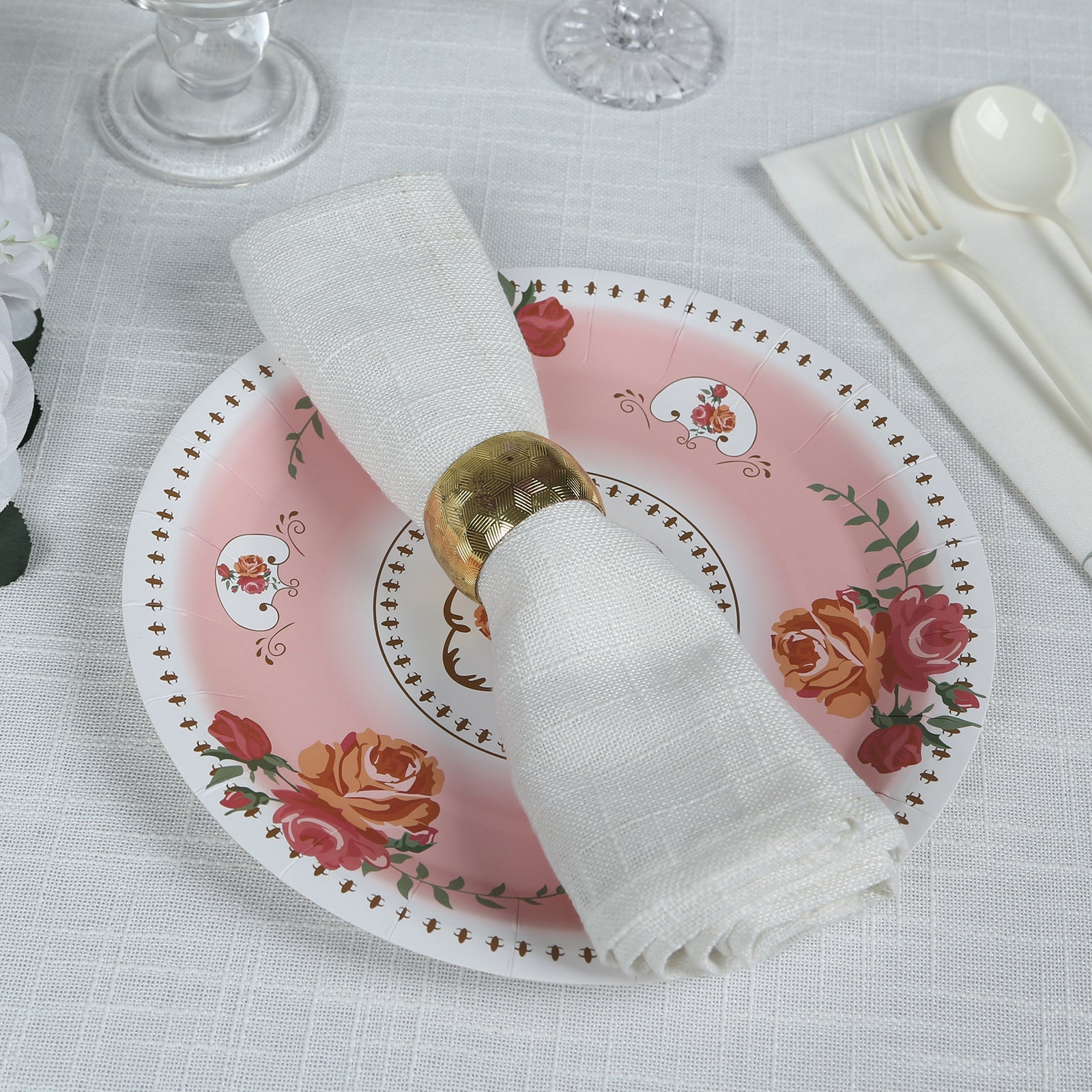 25-Piece Set of 9-Inch Disposable Dusty Rose Paper Dinner Plates with Vintage Rose Prints