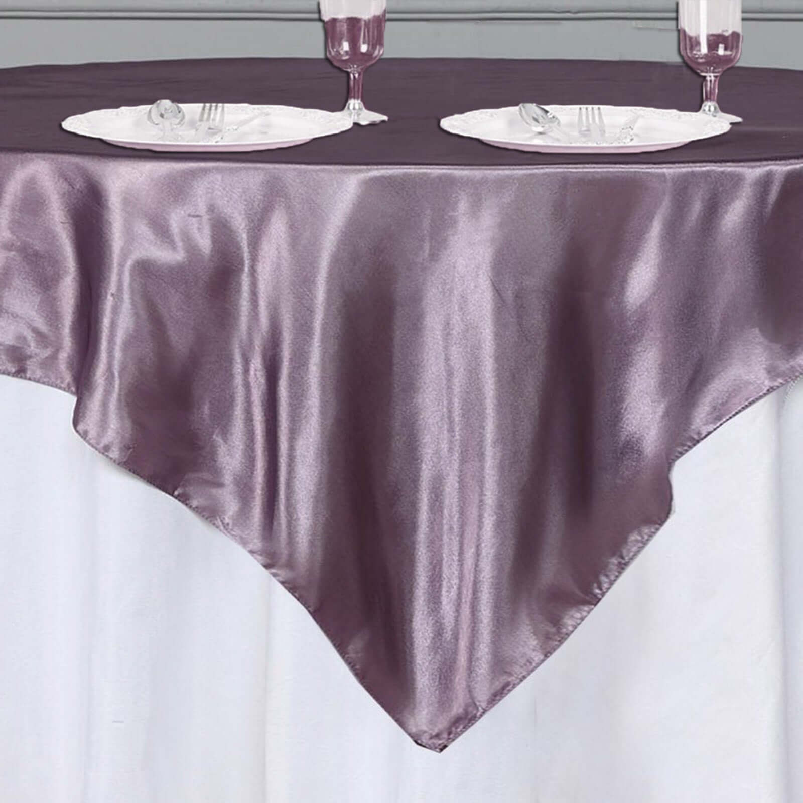 Exclusive 72x72 Violet Amethyst Satin Square Table Overlay with Smooth Finish