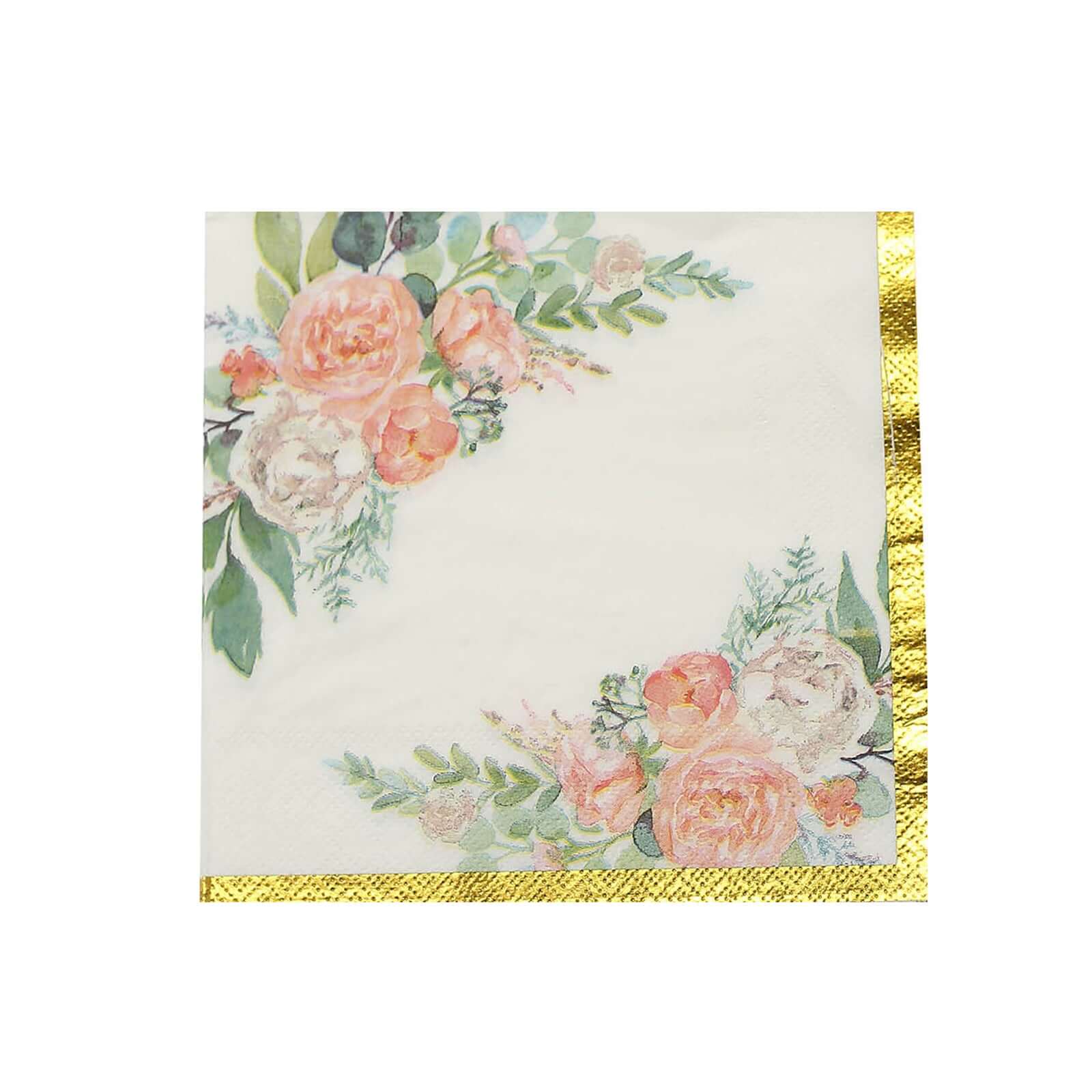 20-Pack 18GSM 2-Ply Wedding Paper Cocktail Napkins with Pink Peony Floral & Gold Trim