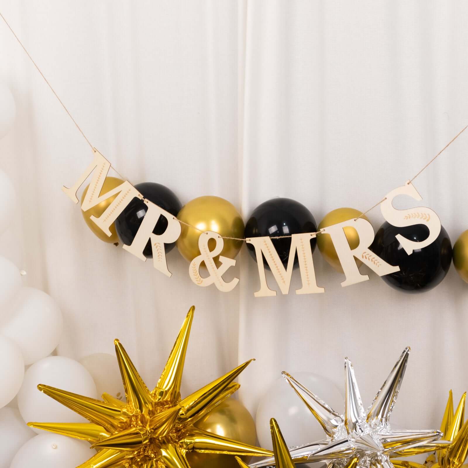 10ft Handmade Natural Pre - Strung Mr & Mrs Wooden Letter Banner with Rustic Botanical Design for Anniversaries