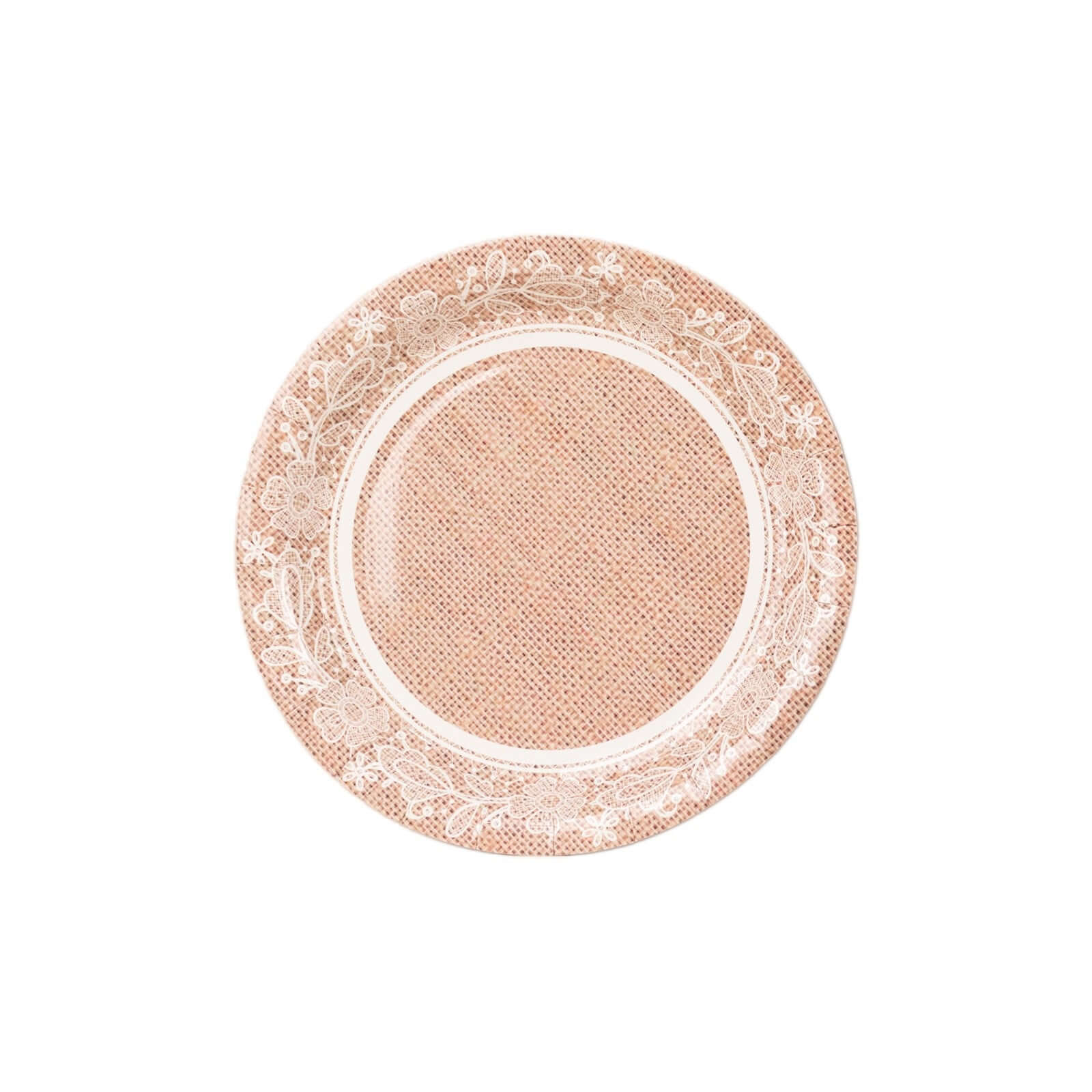 25-Pack 9-Inch Round Disposable Paper Dinner Plates with Natural Burlap & White Floral Lace Design