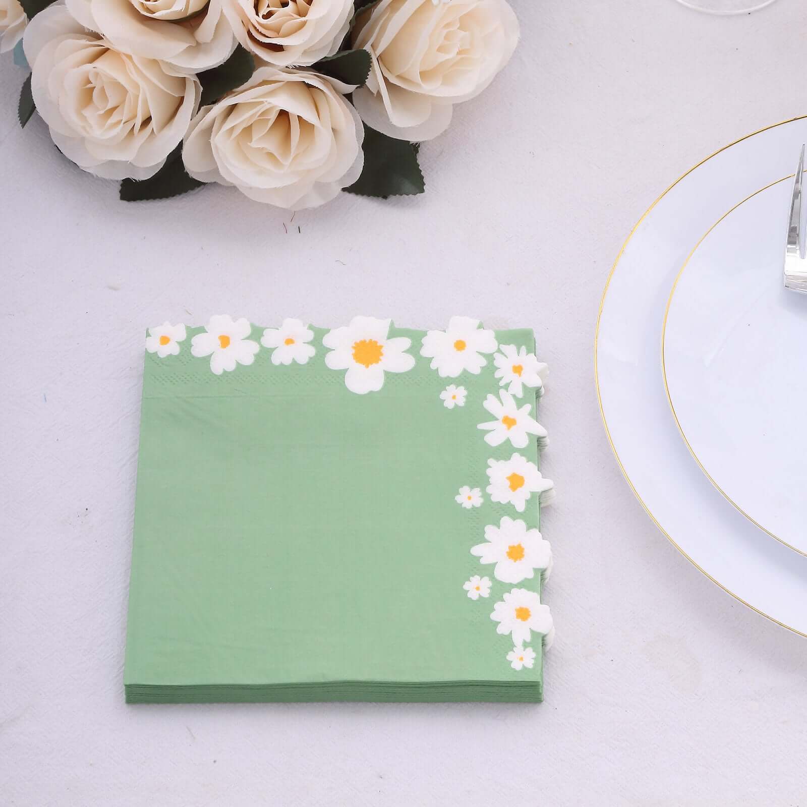 20-Piece Sage Green Daisy Flower 2-Ply Soft 18GSM Paper Beverage Napkins 6.5x6.5