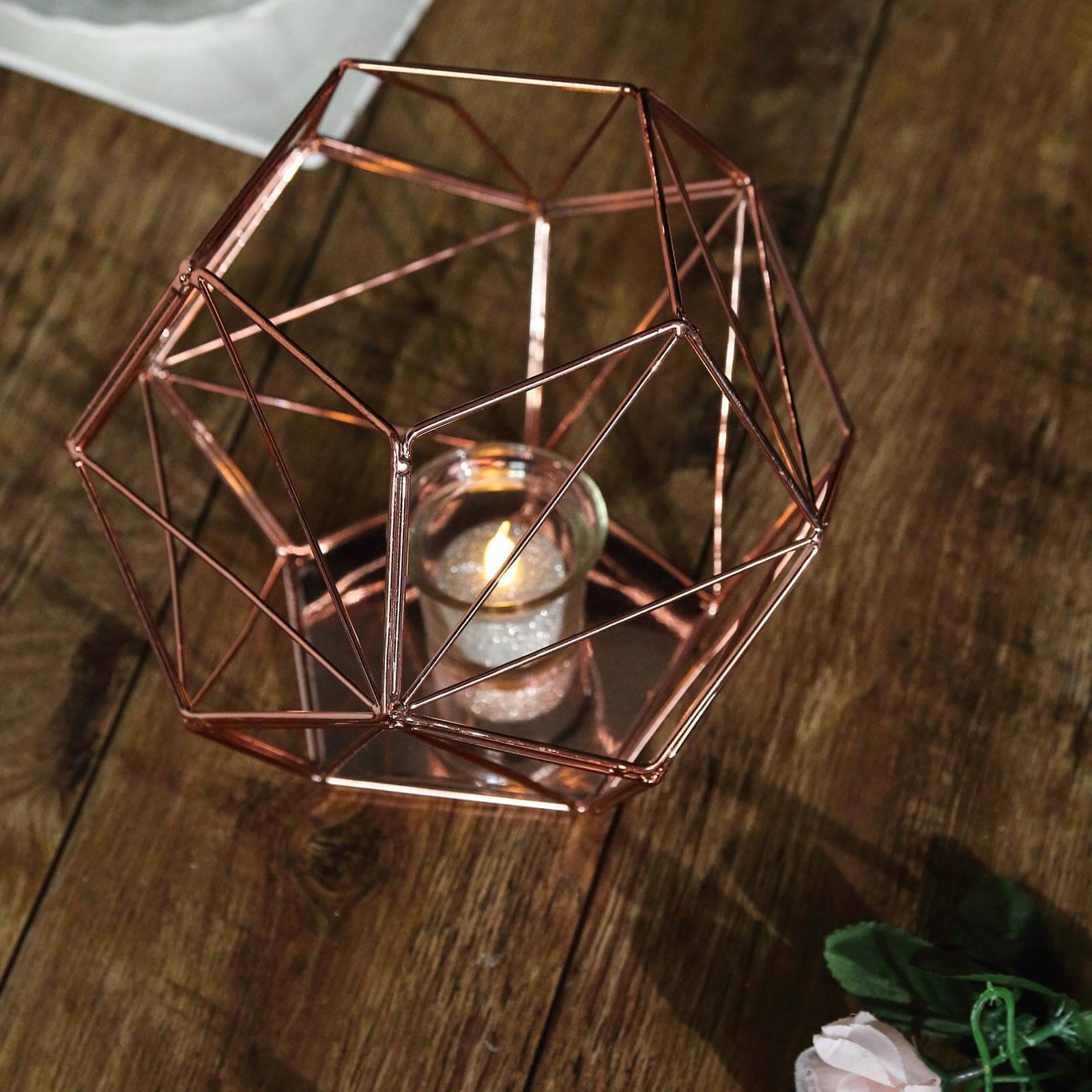 Stunning Rose Gold Metal Pentagon Prism Geometric Tealight Candle Holder - Ideal for Decor