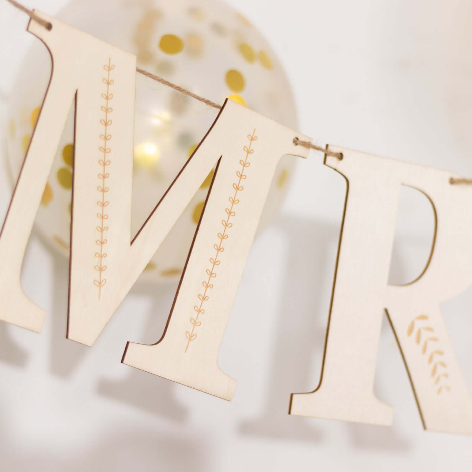 10ft Handmade Natural Pre - Strung Mr & Mrs Wooden Letter Banner with Rustic Botanical Design for Anniversaries