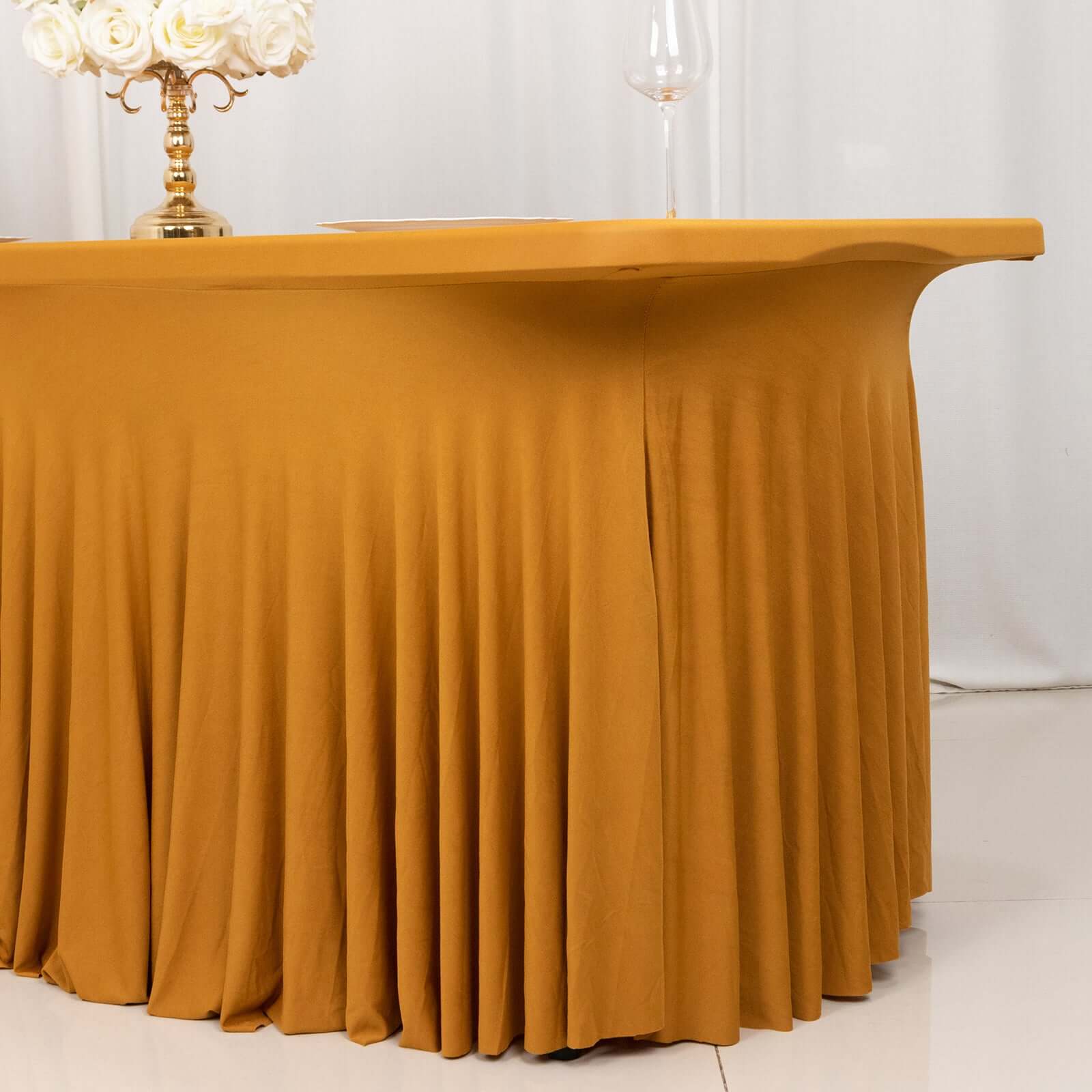Stylish Gold Spandex Table Skirt with Wavy Effect for Weddings, Banquets & Shows