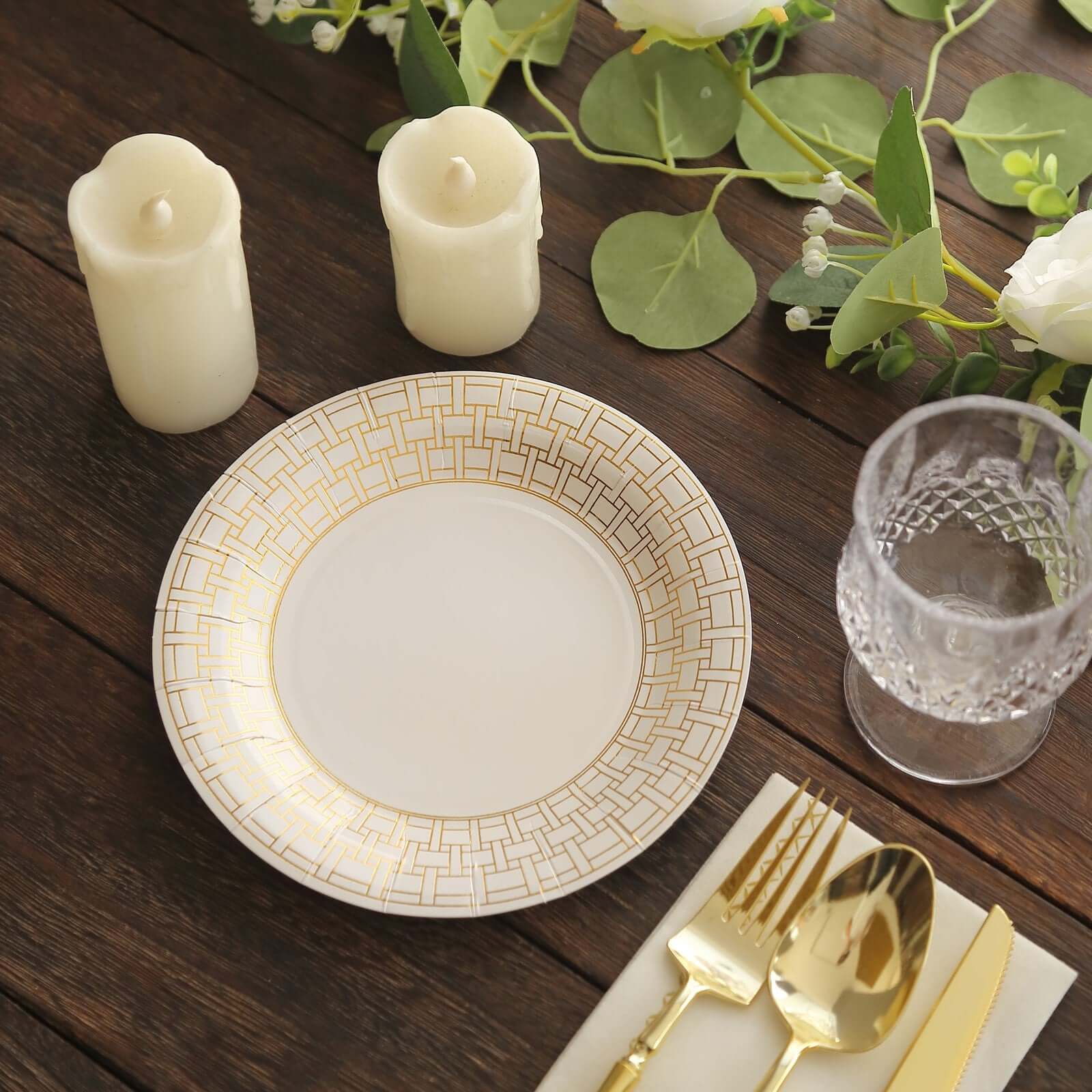 25-Piece Set of White Round Dessert Paper Plates with Elegant Gold Basketweave Rim