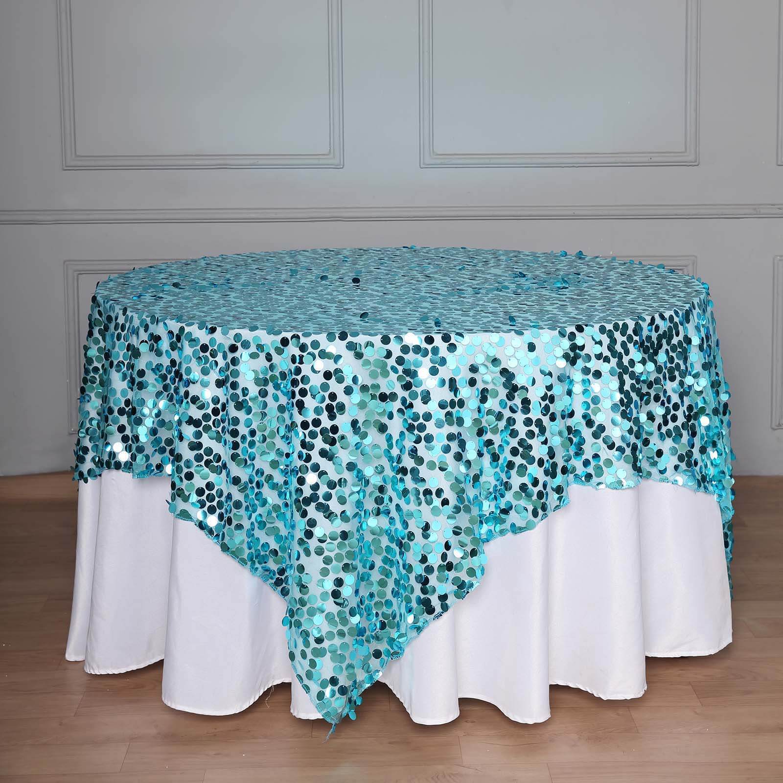 Big Sale! Turquoise Sequin Square Table Overlay, 72x72 Inches for Table Decoration