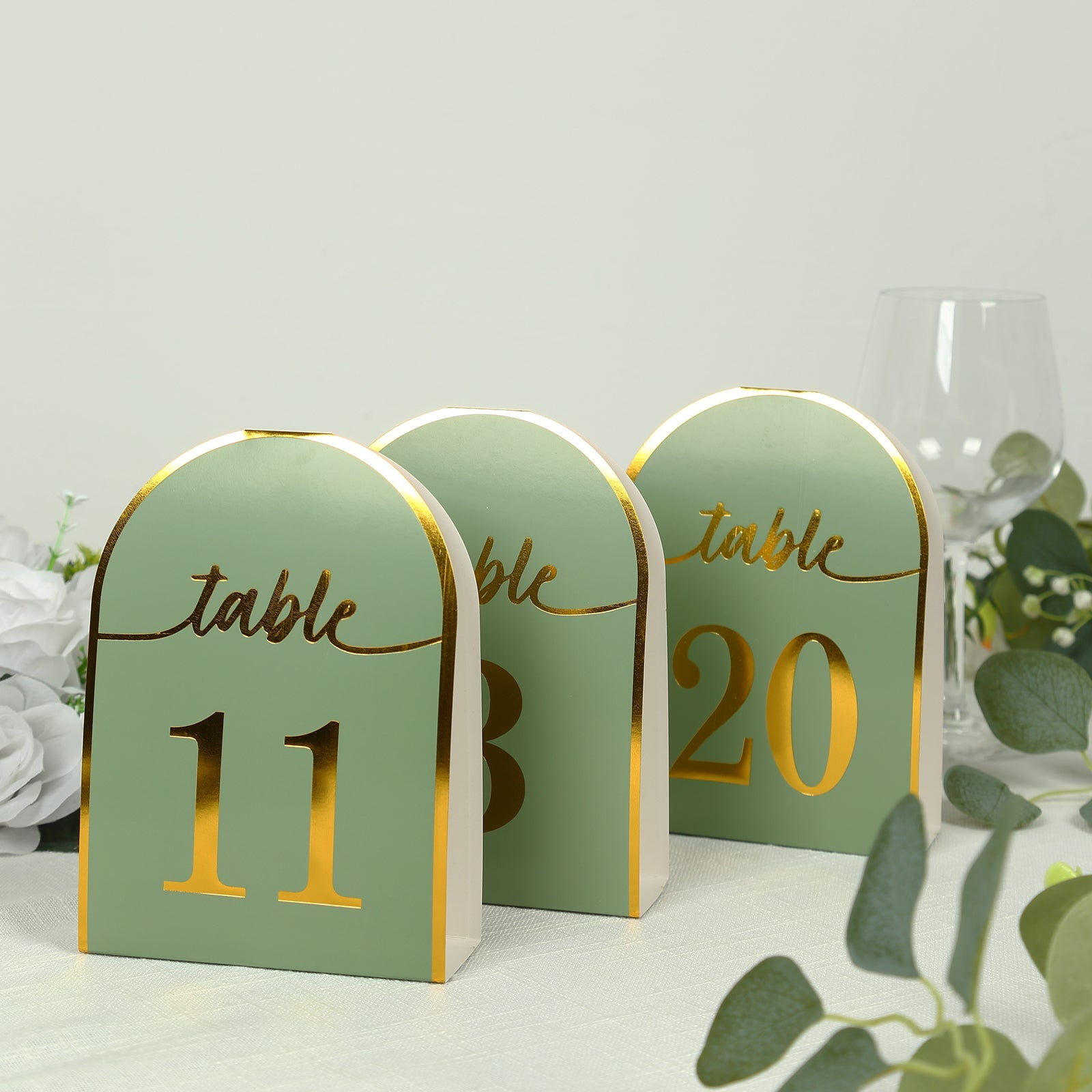 Hot Deal! 25-Pack Sage Green Disposable Double-Sided Table Numbers with Gold Foil 1-25