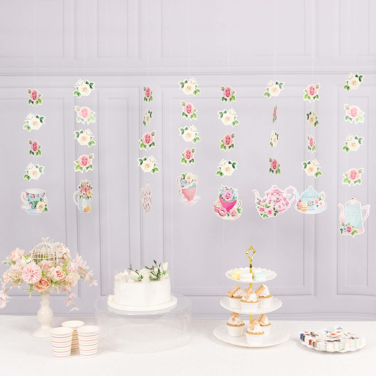 8-Pack Double-Sided Floral Tea Party Paper Garland Set: 40 Pre-Assembled Mixed Teapot Decorations