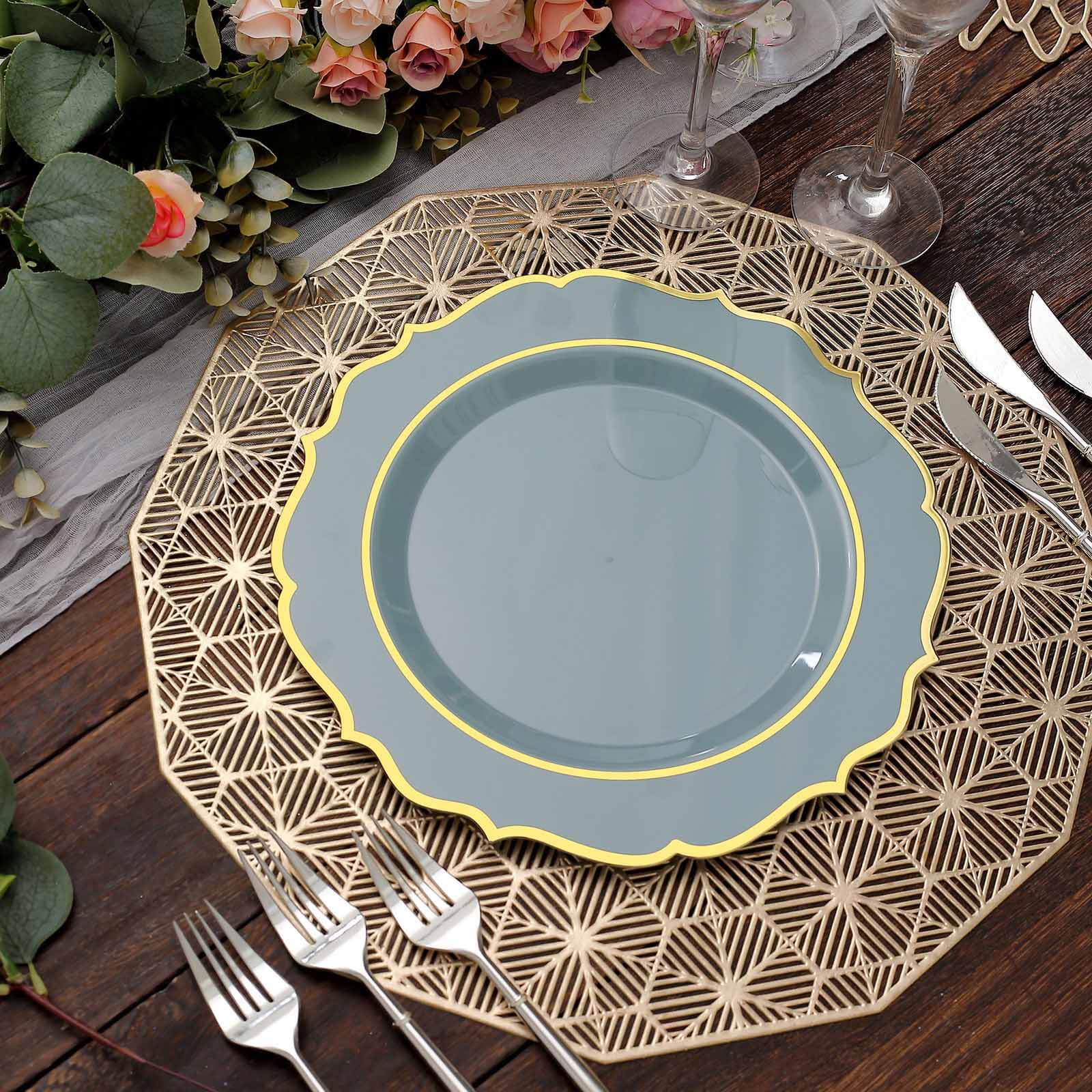 Get 10-Pack of Disposable Dusty Blue Plastic Round Dinner Plates with Gold Scalloped Rims for Party