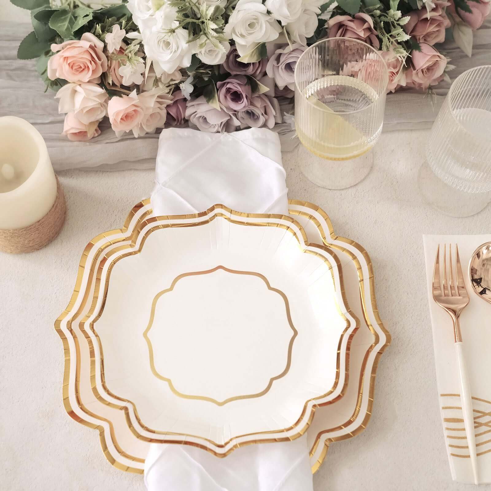 25-Pack Disposable White Paper Dessert Plates with Gold Scallop Rim - Ideal for Classy Events