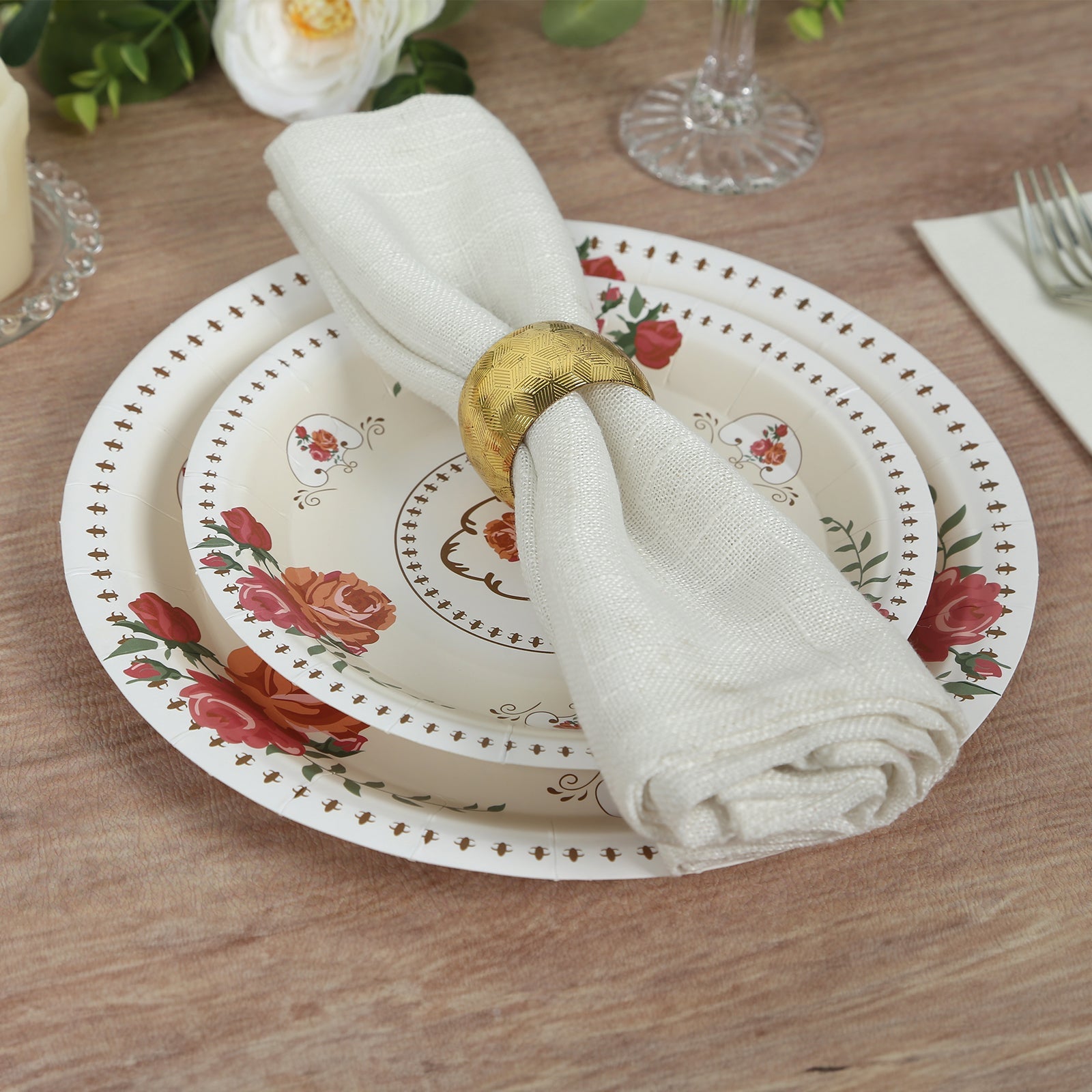 25-Piece Set of Disposable Ivory Paper Round Dessert Plates with Vintage Rose Prints - Ideal for Bridal Showers & Garden Luncheons