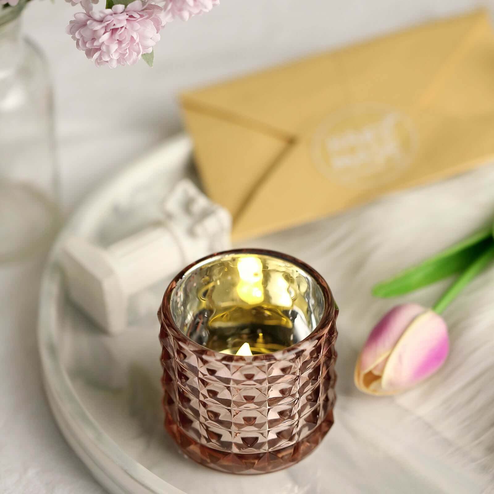 Hot Deal! 6-Pack Rose Gold Studded Faceted Mercury Glass Tealight Candle Holders