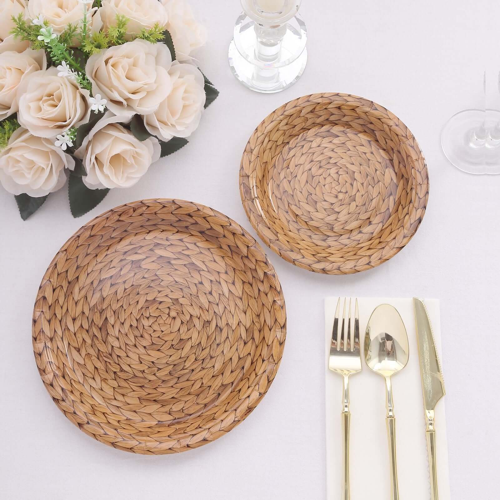 25-Pack 9" Natural Round Paper Dinner Plates with Woven Rattan Print - Ideal for Rustic Country Chic Parties