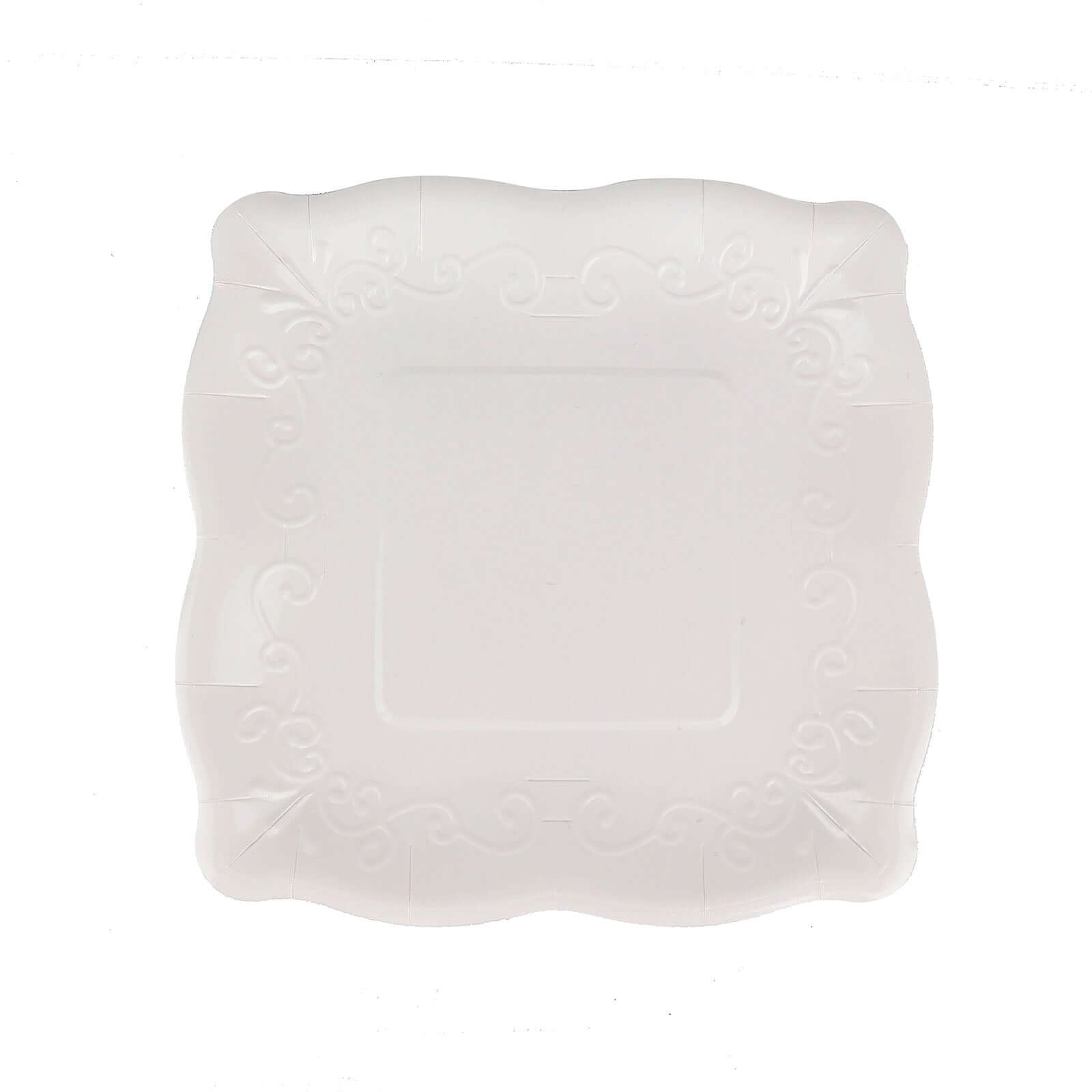 25-Pack White 7-Inch Square Disposable Dessert Plates with Vintage Pottery Embossed Design - Ideal for Special Events