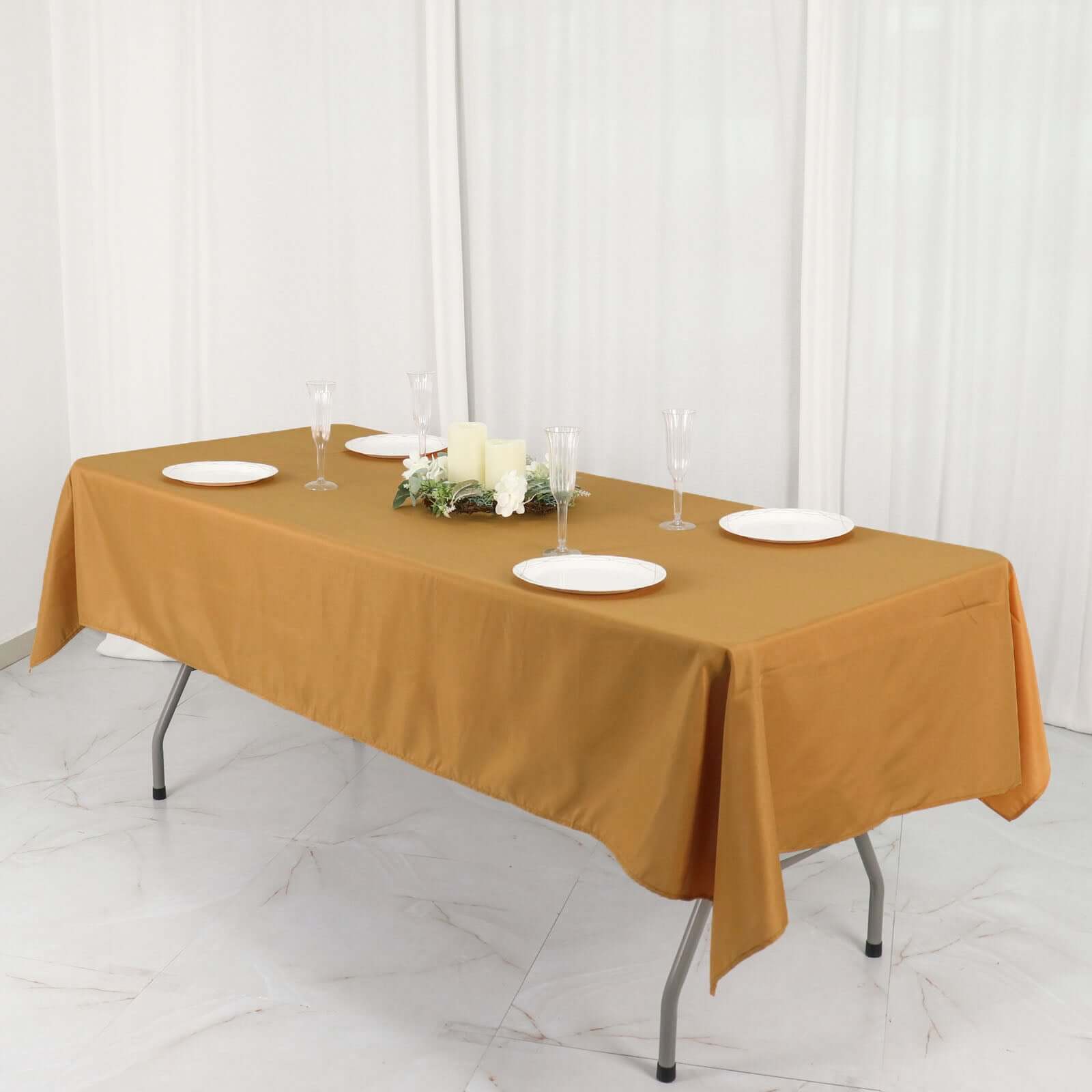 Wrinkle-Resistant Gold Polyester Rectangle Tablecloth 54x96 for Weddings and Events - Easy Care!