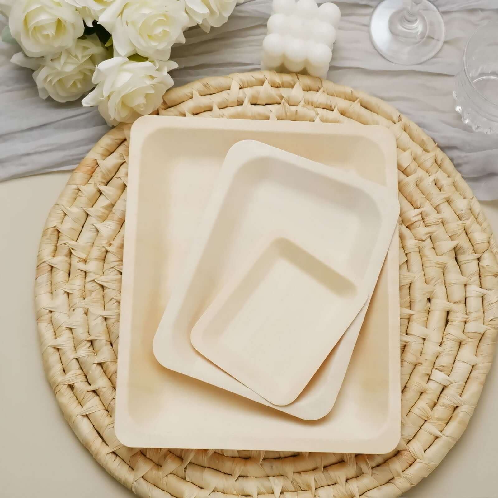 12-Pack Natural Birchwood 8x10 Rectangle Disposable Dinner Plates - Ideal for Farmhouse Events