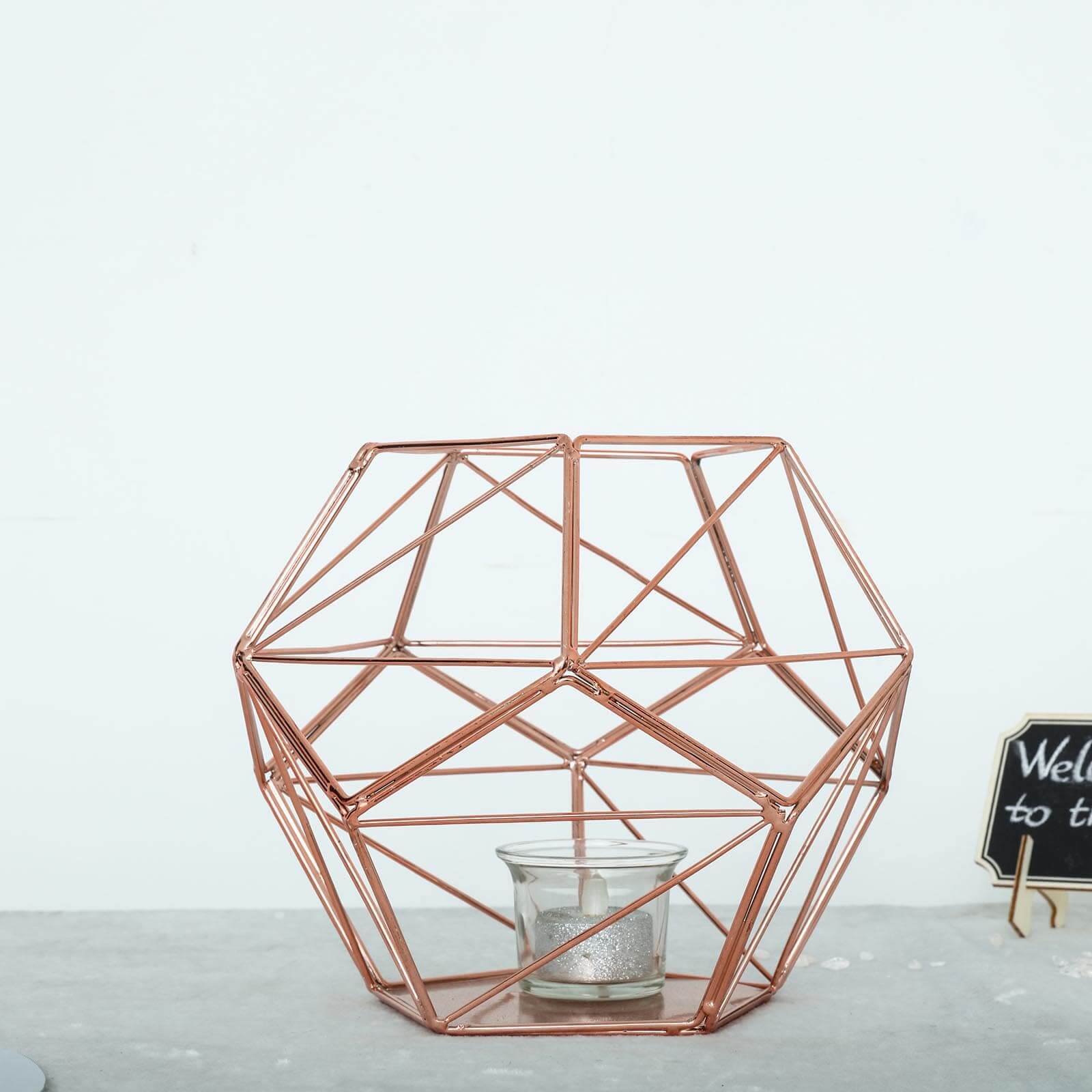 Stunning Rose Gold Metal Pentagon Prism Geometric Tealight Candle Holder - Ideal for Decor