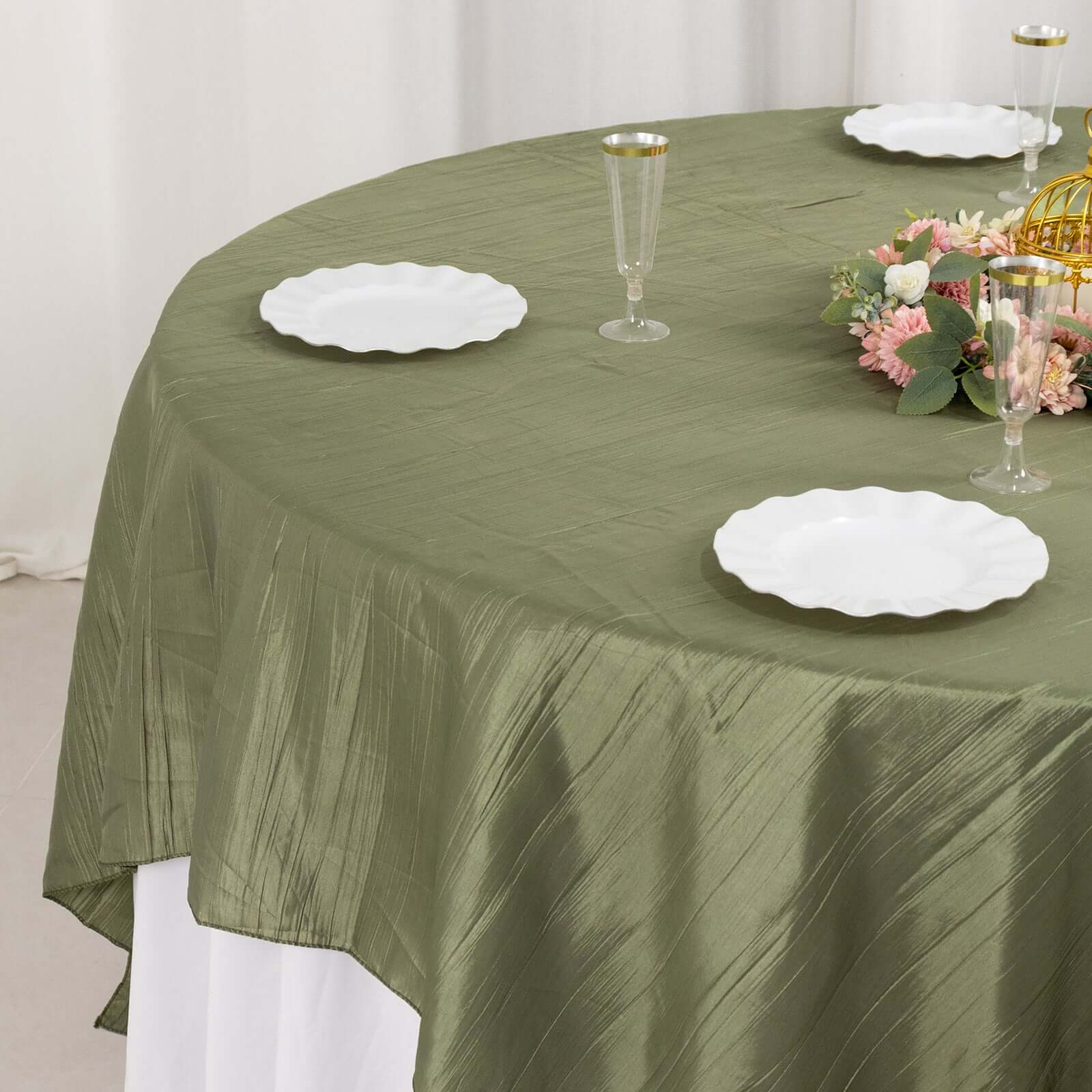 Hot! Dusty Sage Green 90x90 Square Accordion Crinkle Taffeta Table Overlay