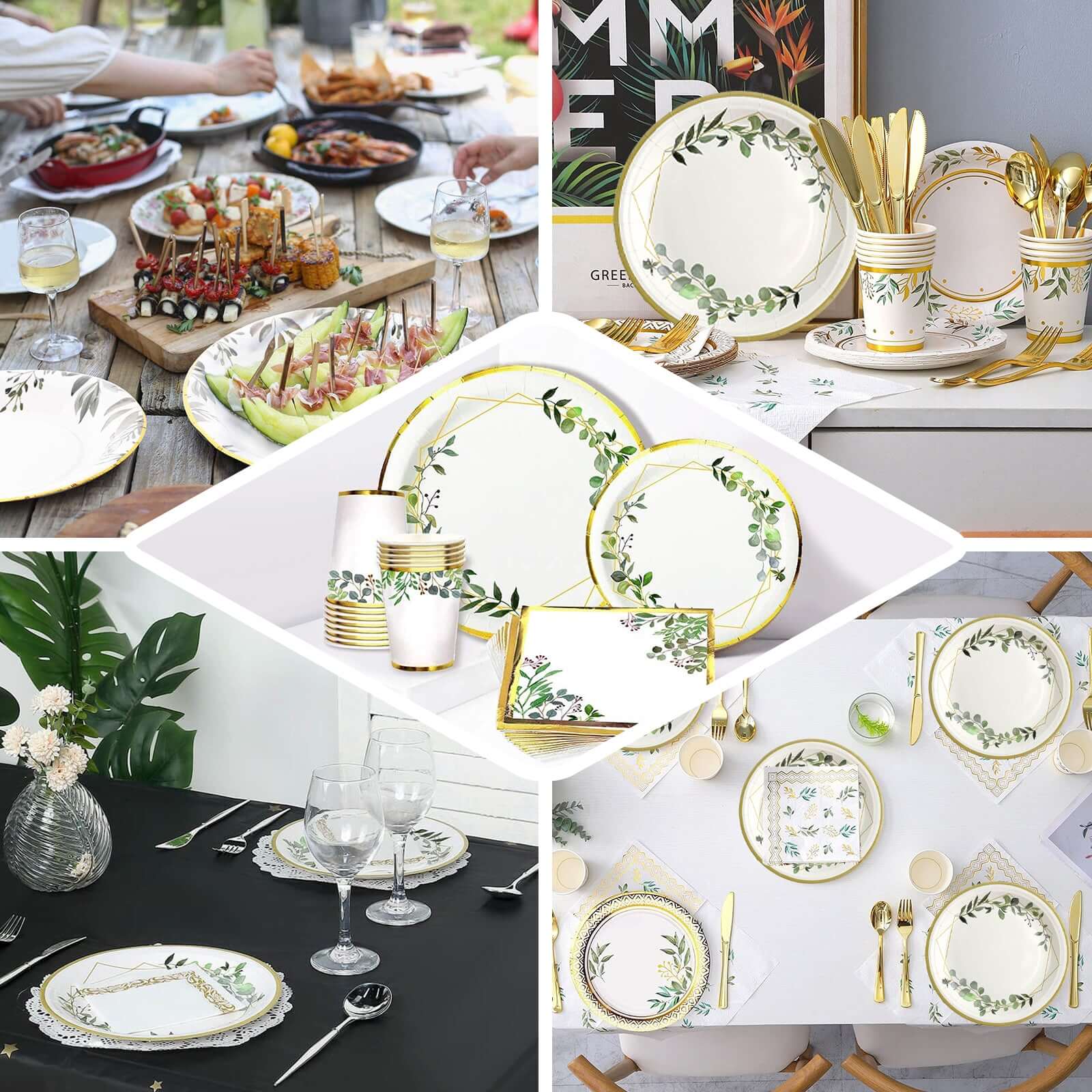 24-Pack 9-Inch White Disposable Paper Dinner Plates with Eucalyptus & Gold Rim