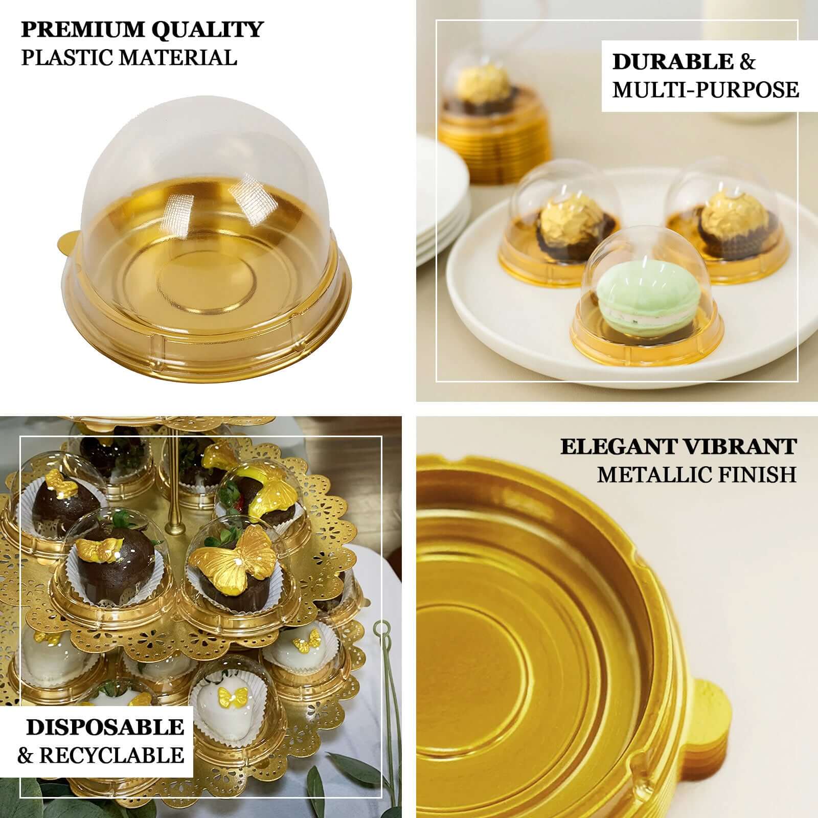 50-Piece Set of Plastic Party Favor Containers - Round Dome Design in Gold and Clear for Cupcakes and Sweets