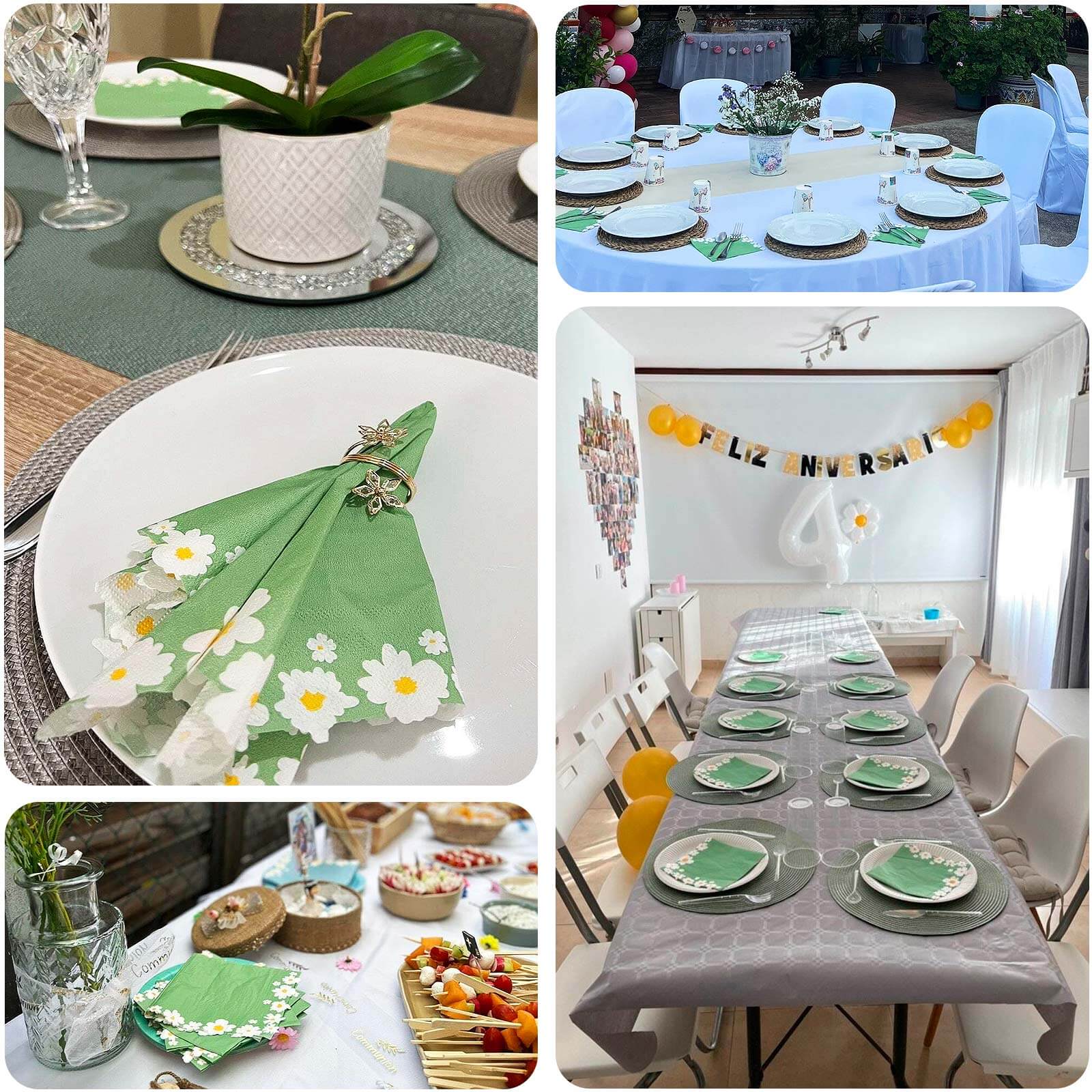 20-Piece Sage Green Daisy Flower 2-Ply Soft 18GSM Paper Beverage Napkins 6.5x6.5