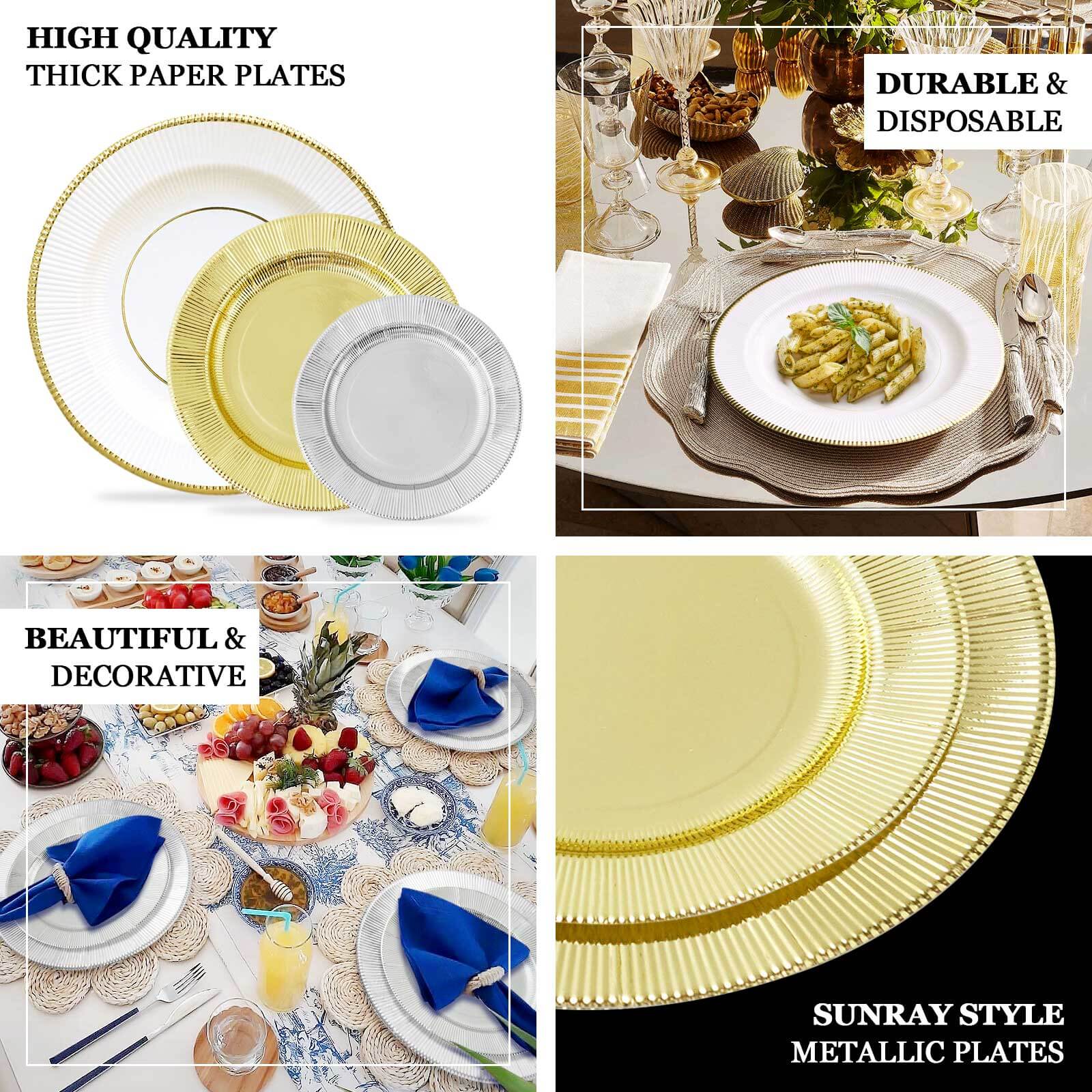 25-Pack Disposable Heavy Duty 350GSM Paper Round Dinner Plates in Burgundy Sunray Design with Gold Rim - Perfect for Parties