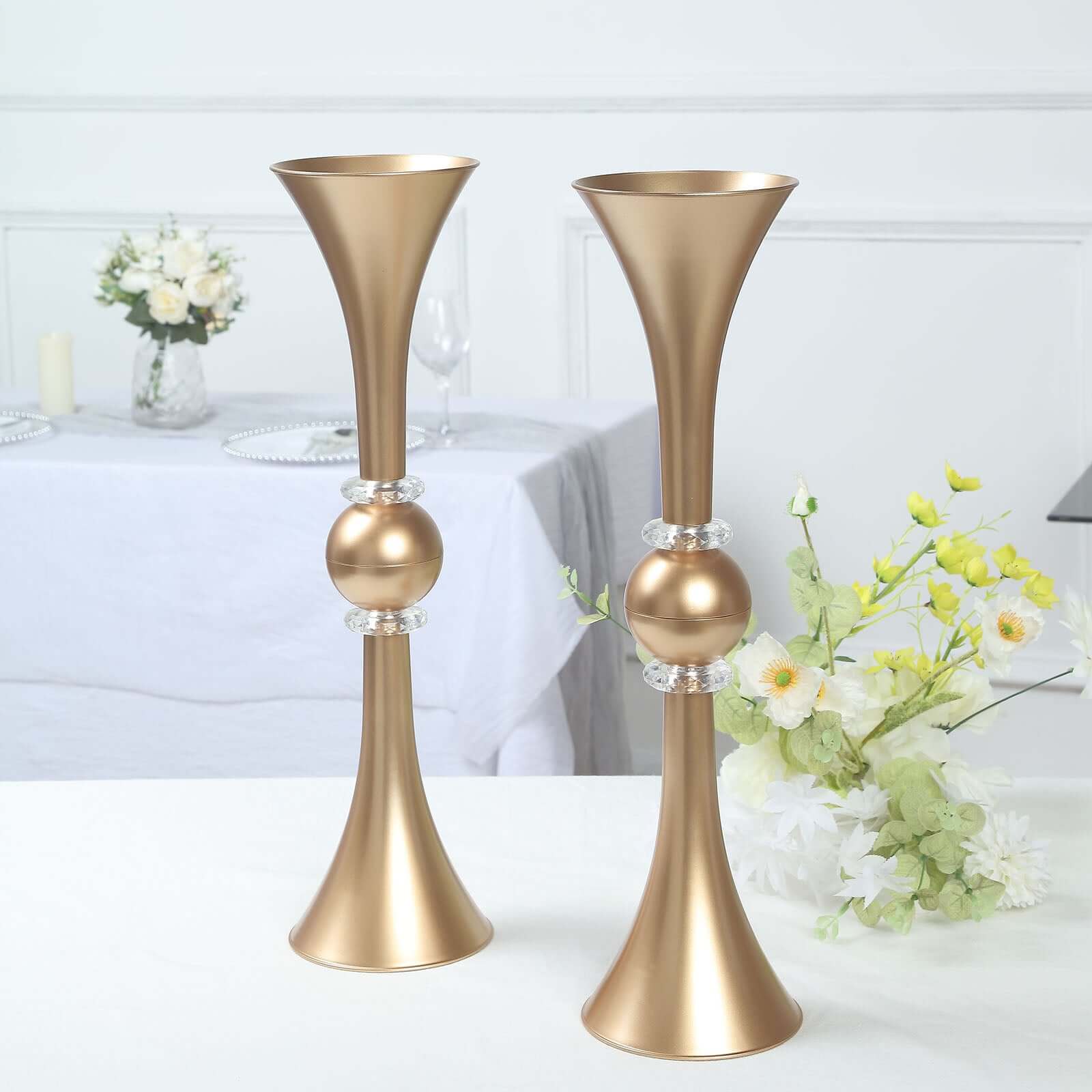 Hot Deal! 2-Pack Gold Reversible Plastic Trumpet Flower Vases with Crystal Embellishments, 21