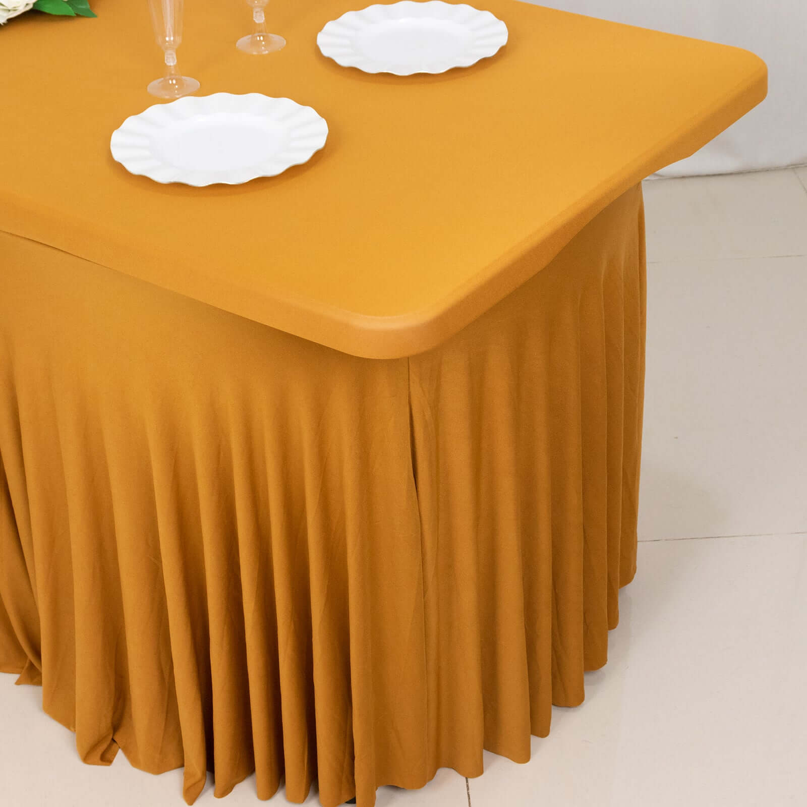 Stylish Gold Spandex Table Skirt with Wavy Effect for Weddings, Banquets & Shows