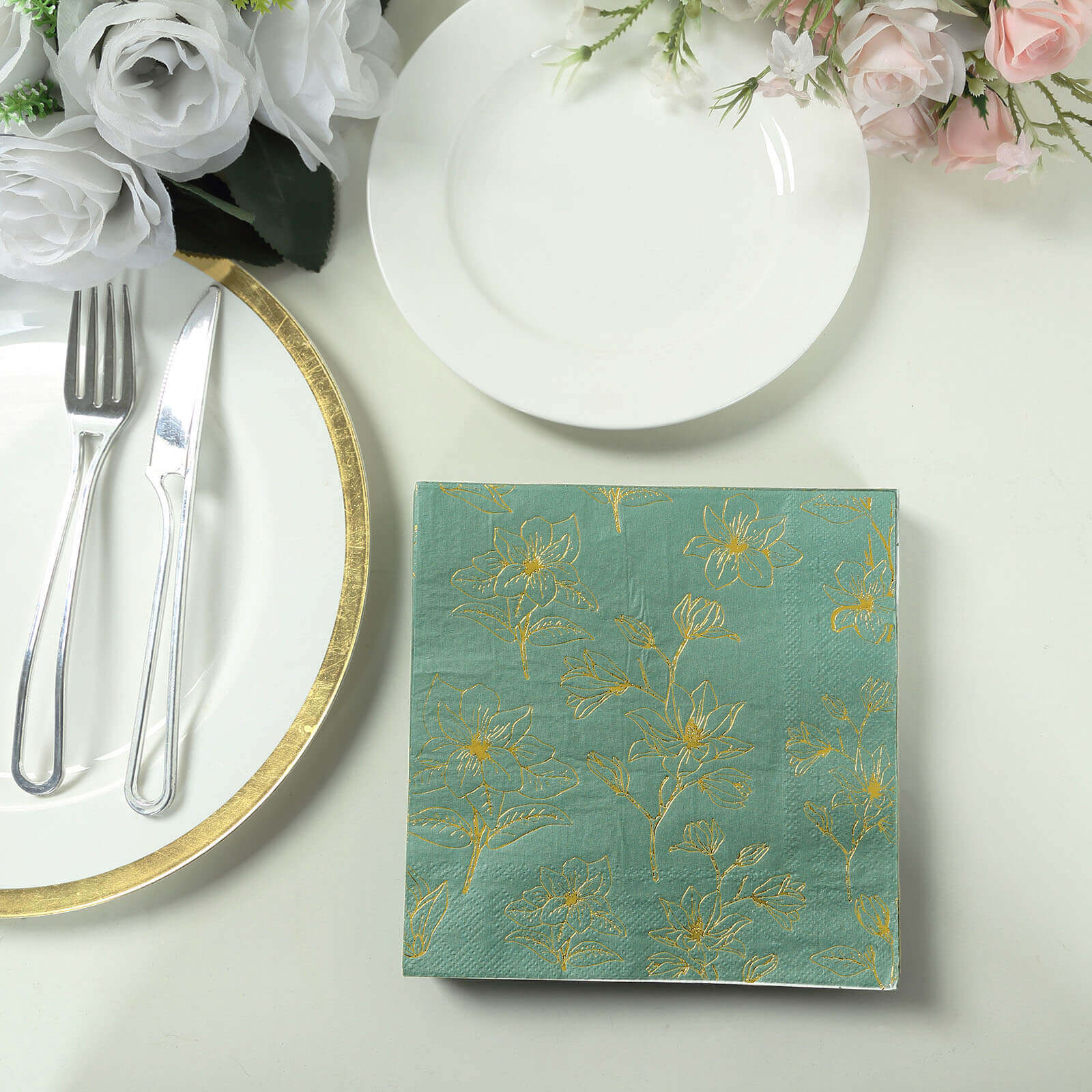 Get 50-Pack 2-Ply Absorbent Paper Cocktail Napkins with Gold Magnolia Prints in Dusty Sage Green